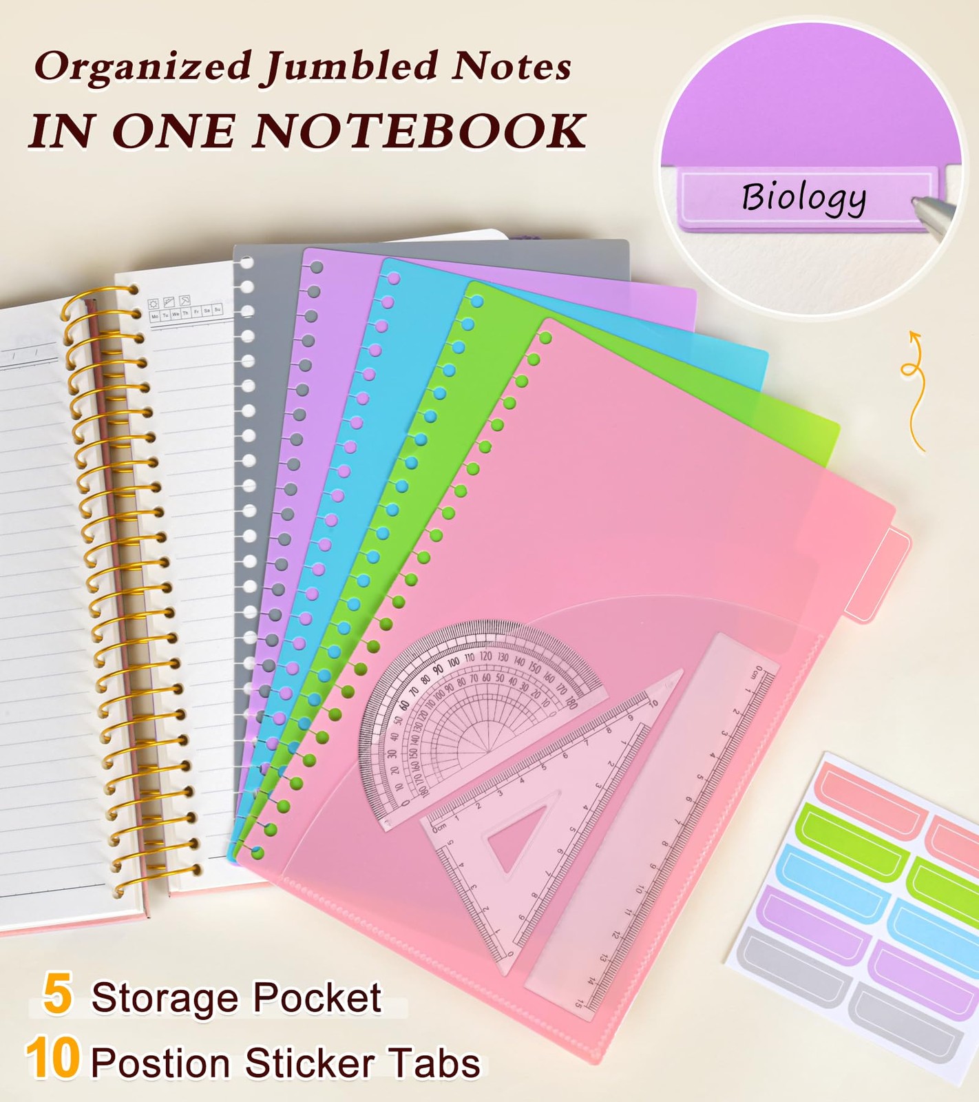 5 Subject Notebook College Ruled, A5 Hardcover Spiral Notebook with Removable…