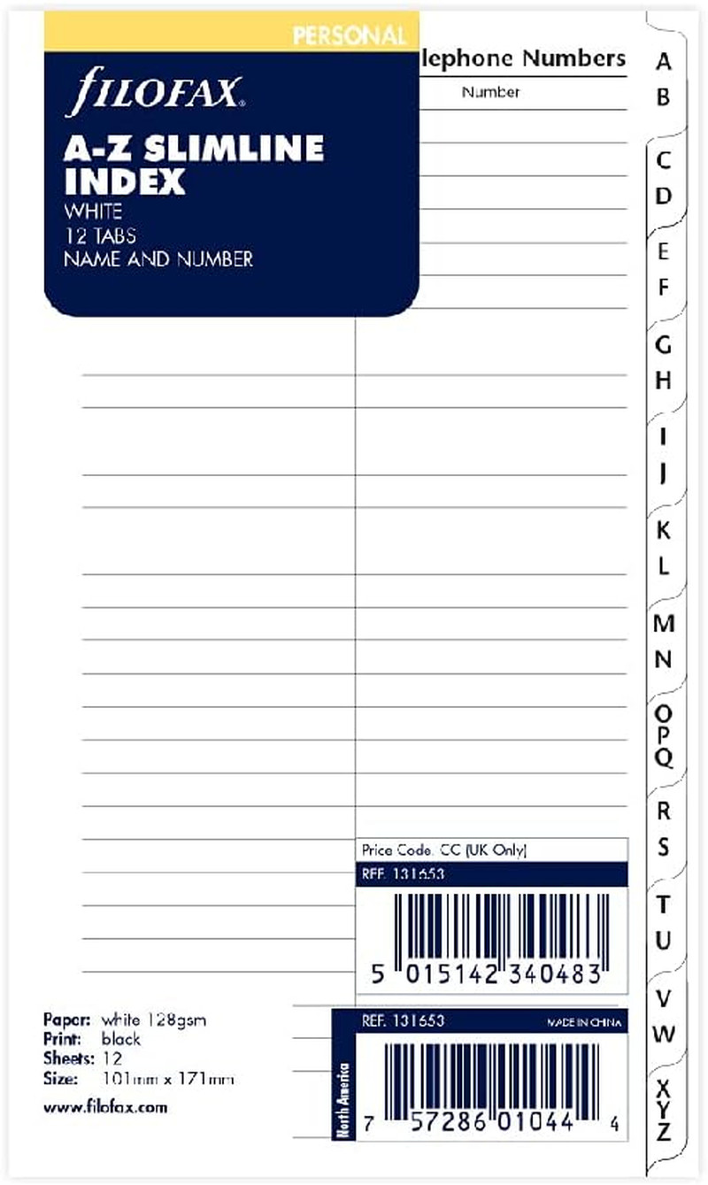 Personal A-Z Slimline Index White Name and Telephone Numbers