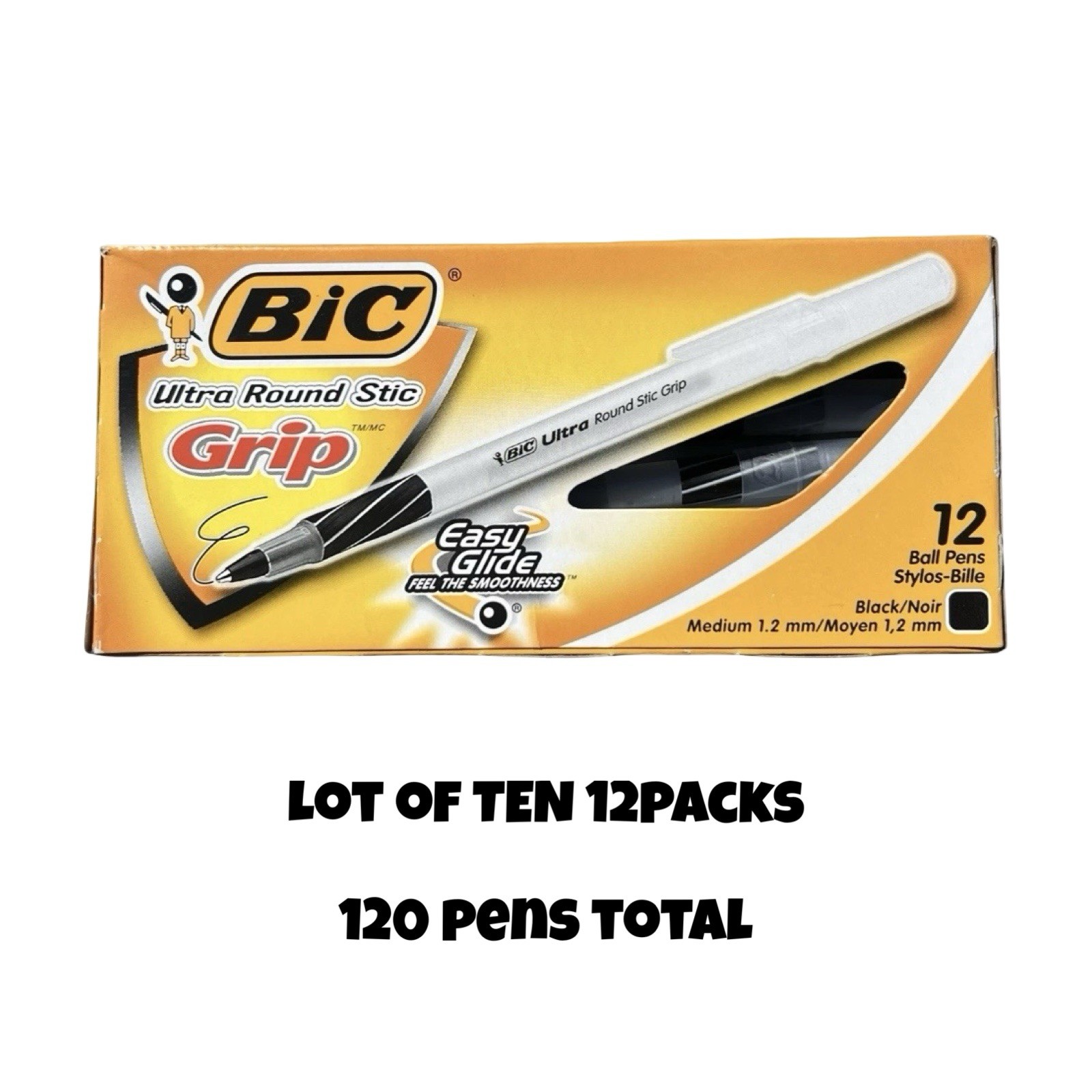 LOT OF 10 BIC Ultra Round Stic Grip Ball Pens Black 1.2mm Medium 12 Pack GSMG11