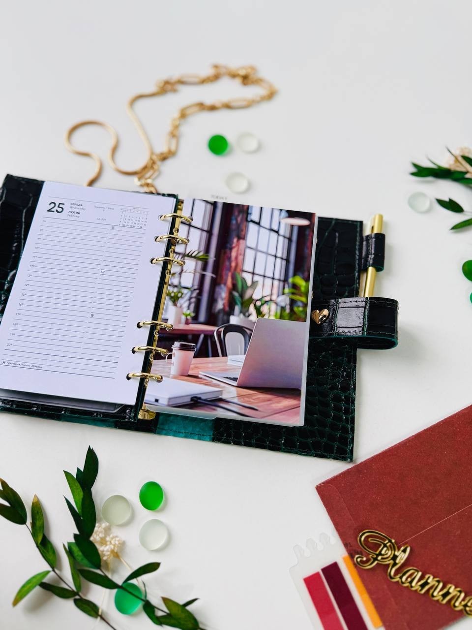 Green A6 leather notebook cover binder 6-Rings. Dated 2026 planner gift for her.