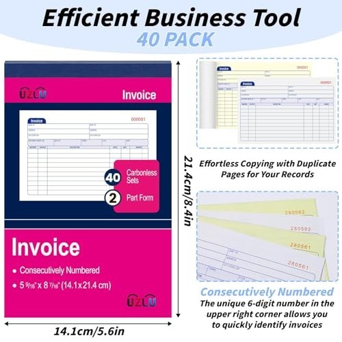 40-Pack Carbonless Invoice Book 2-Part 5-9/16″ x 8-7/16″ with Cover
