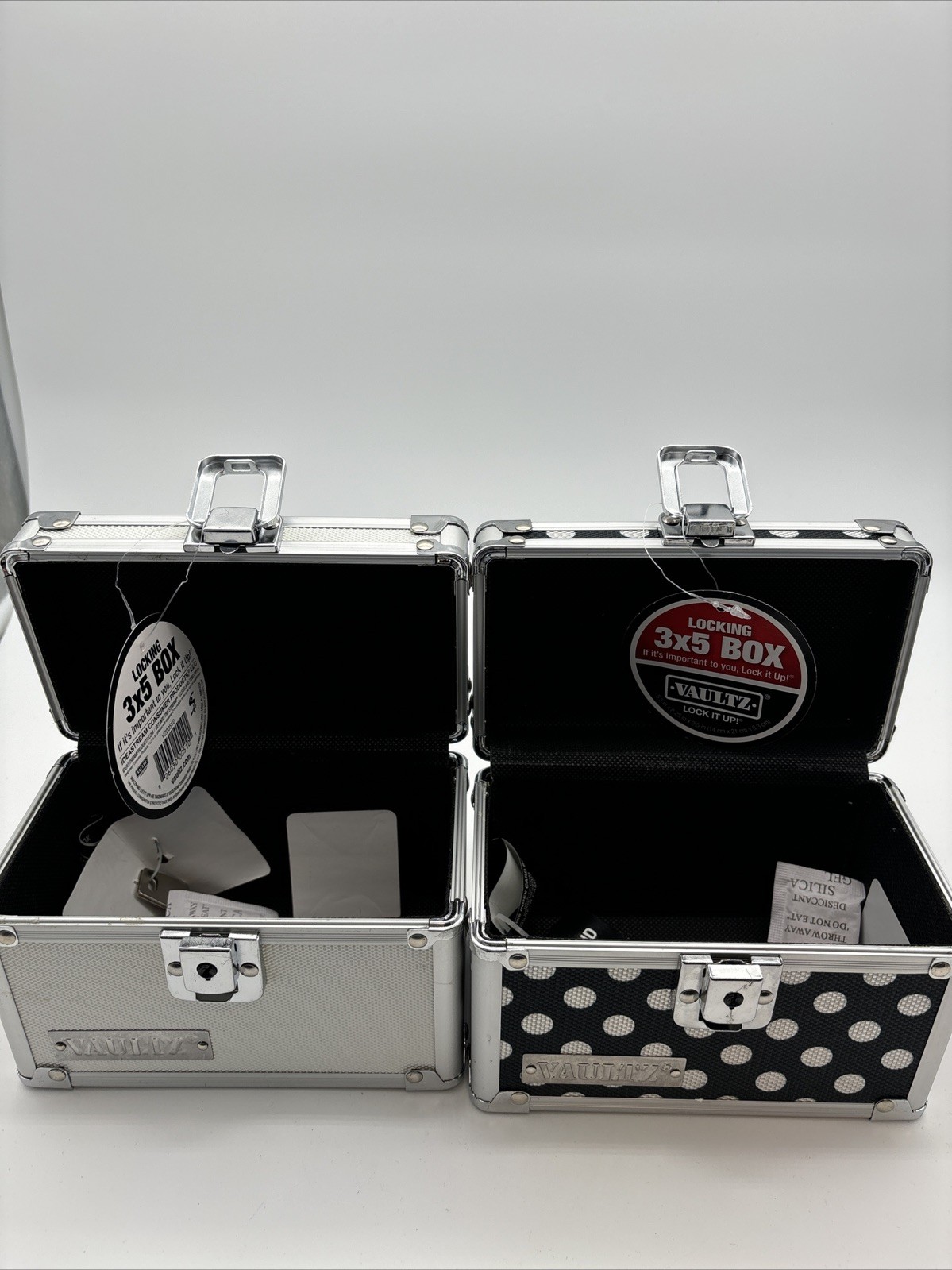 2 Vaultz Locking 3 x 5 Boxes Black w/ white Polka Dots & White with 2 Keys