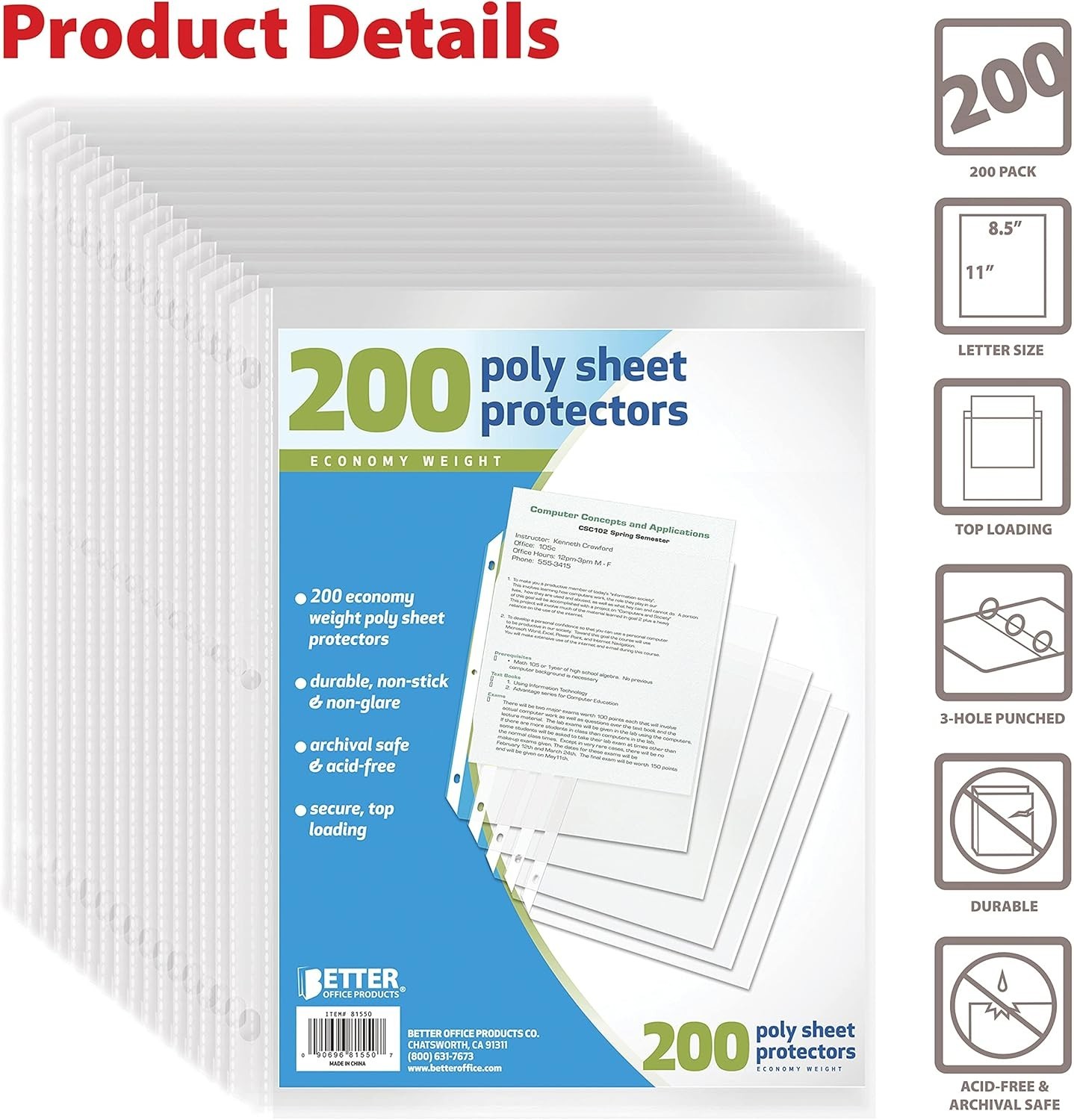 Non-Glaring Polypropylene Sheet Protectors, 200 Pack for Easy Document Access