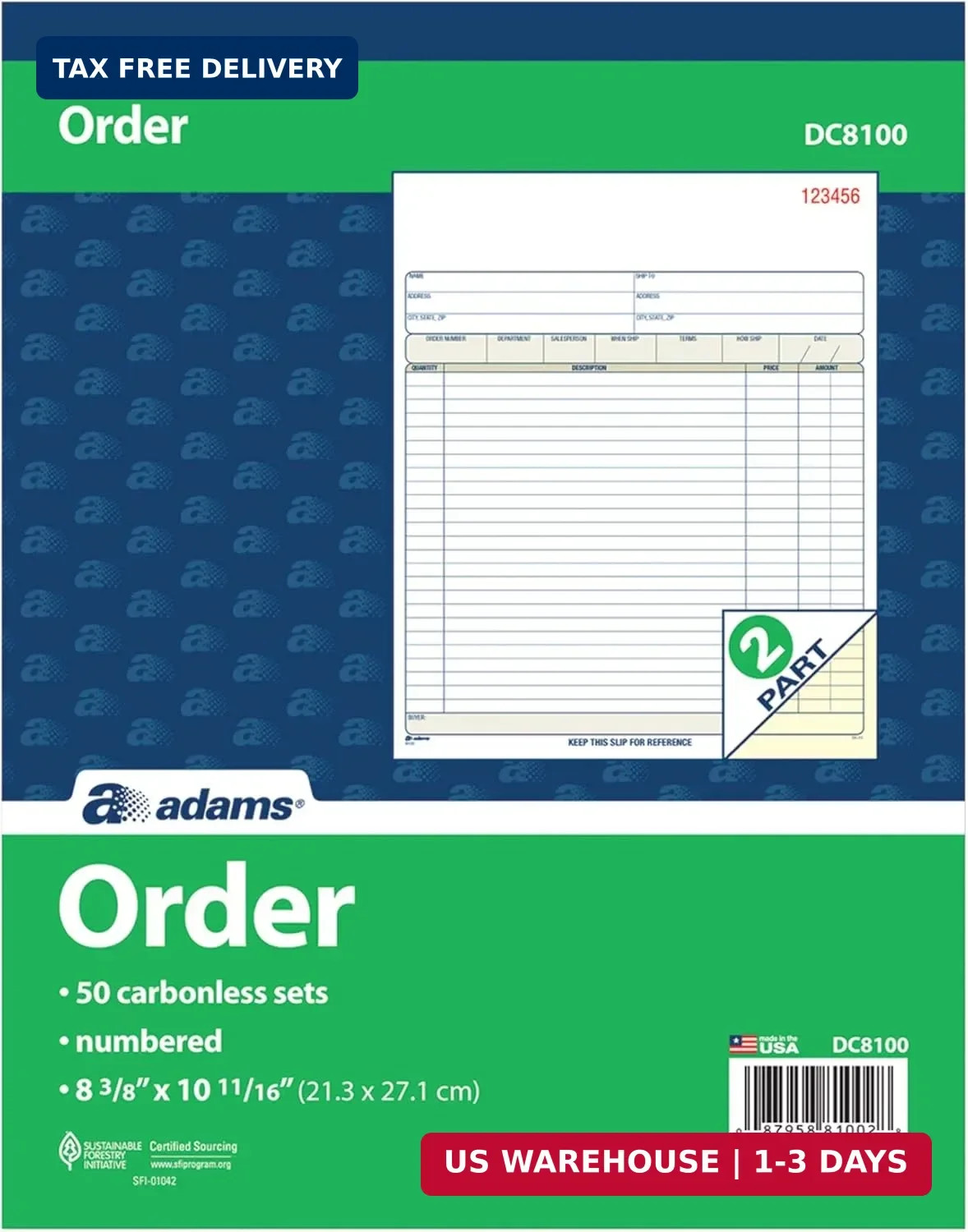 Adams Order Book, 2-Part, Carbonless, White/Canary, 8-3/8 x 10-11/16 Inches, 50