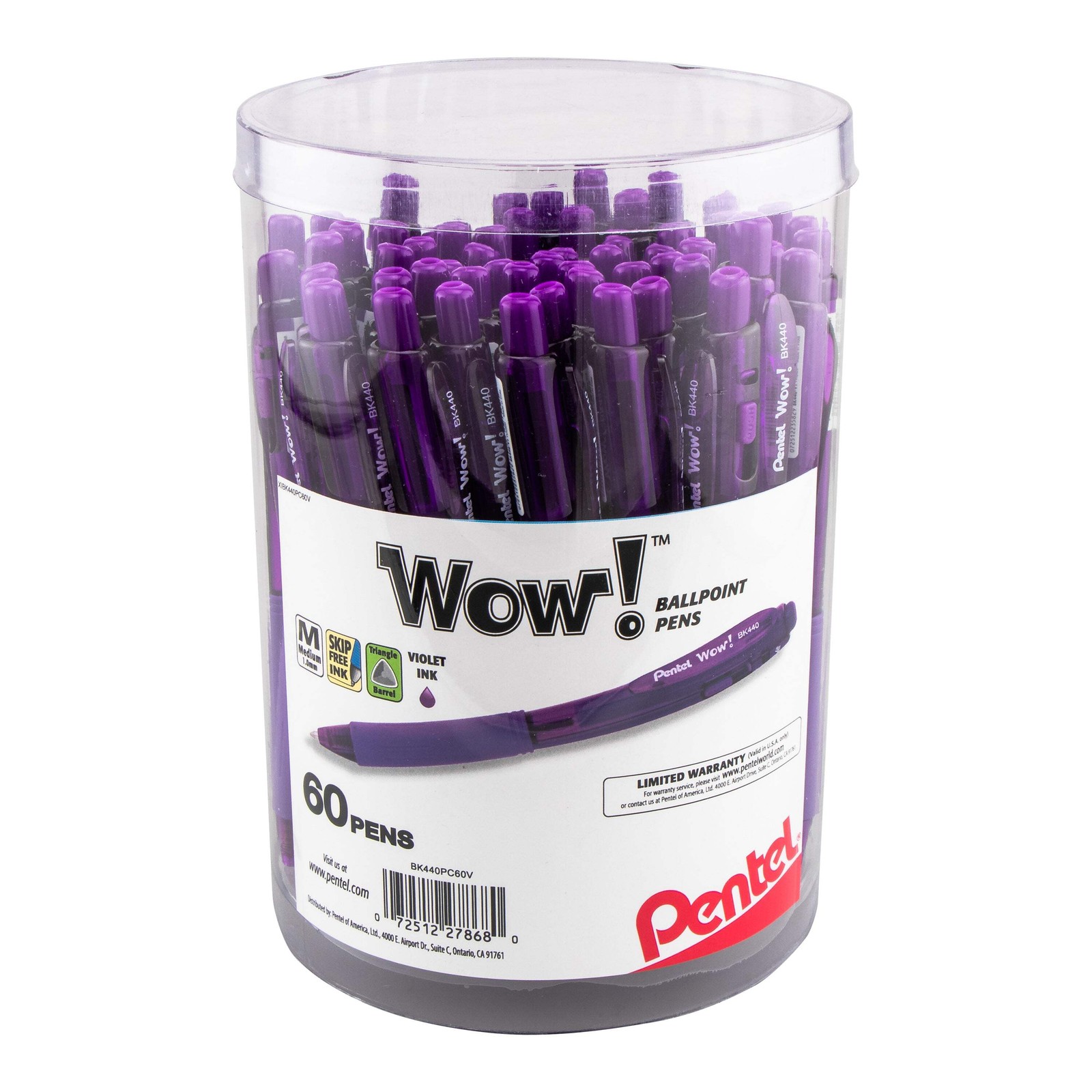 Pentel WOW! Ballpoint Pen, (1.0mm) Med. line, Violet Ink, 60 pcs Canister