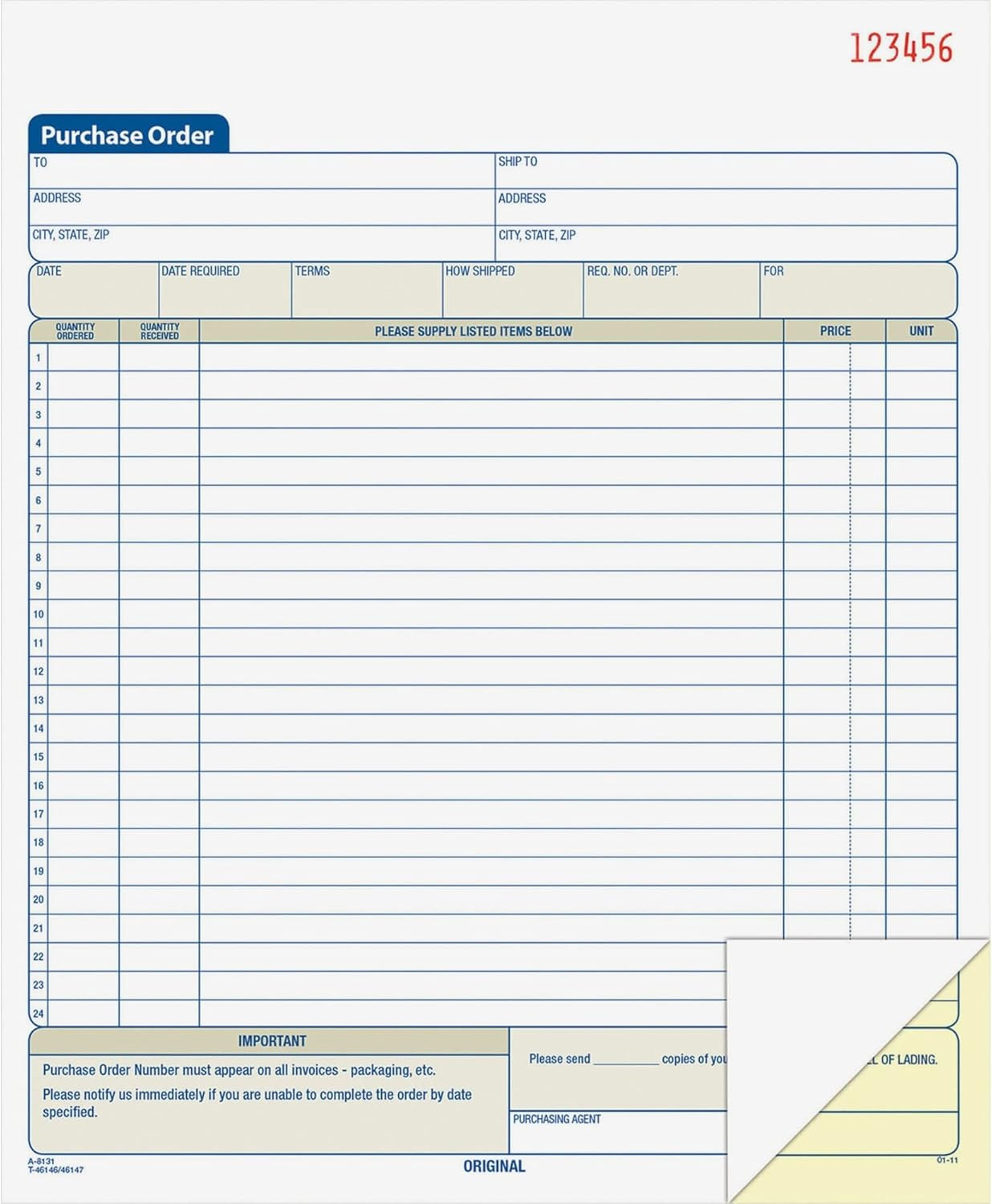 Purchase Order Book, Carbonless, White/Canary, 2-Part, 8-3/8 X 10-11/16 Inches,