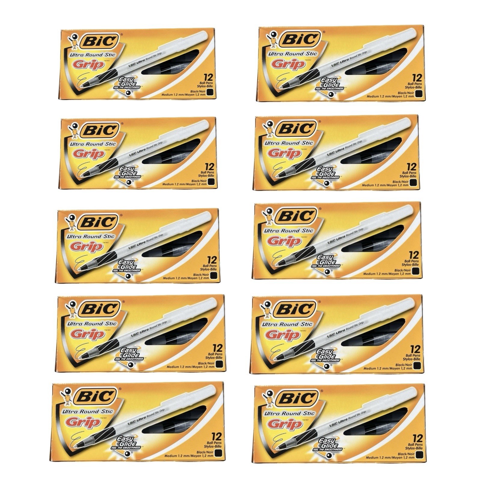 LOT OF 10 BIC Ultra Round Stic Grip Ball Pens Black 1.2mm Medium 12 Pack GSMG11