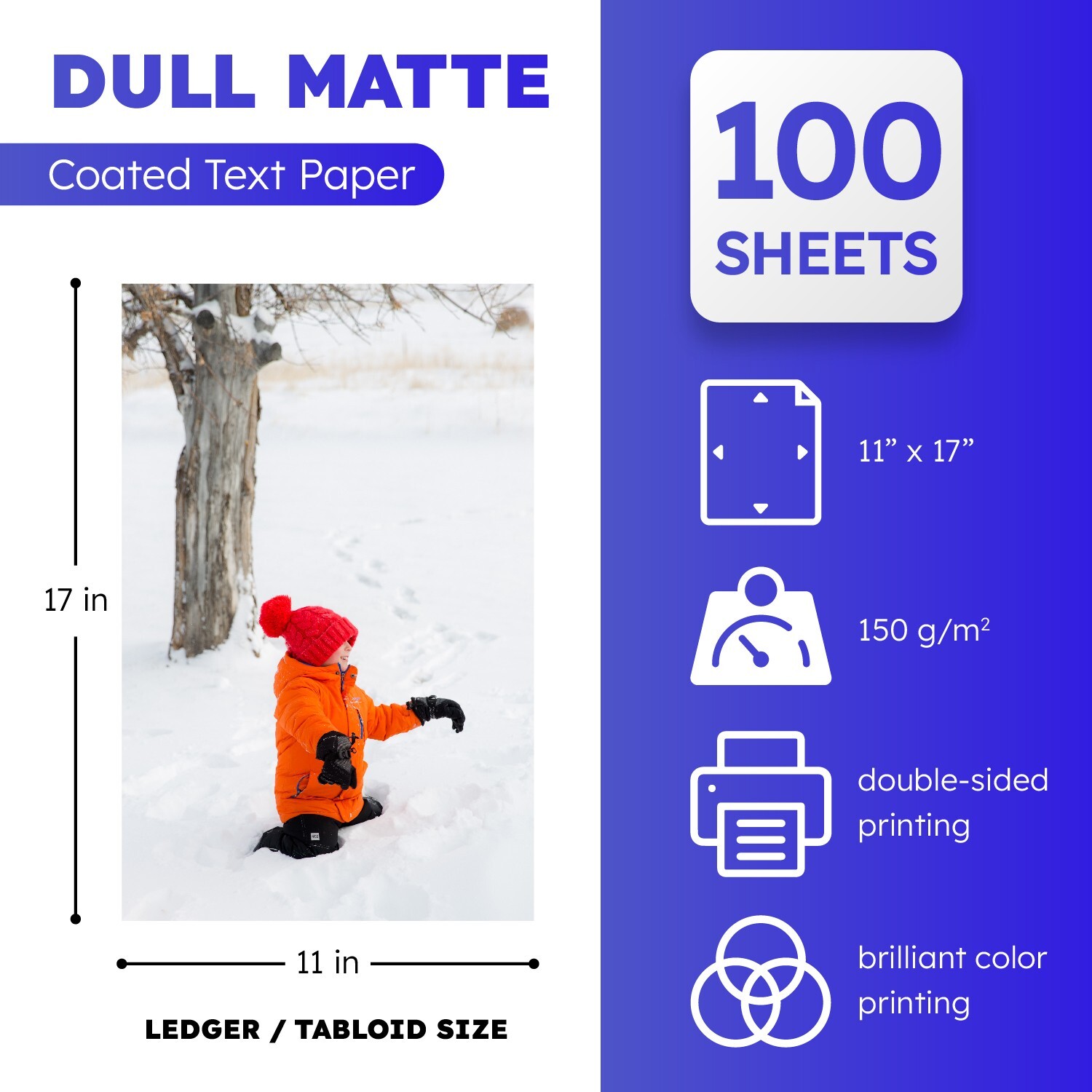 Dull 100lb Text Digital Low Gloss Paper, C2S, 11 x 17, 100 Sheets
