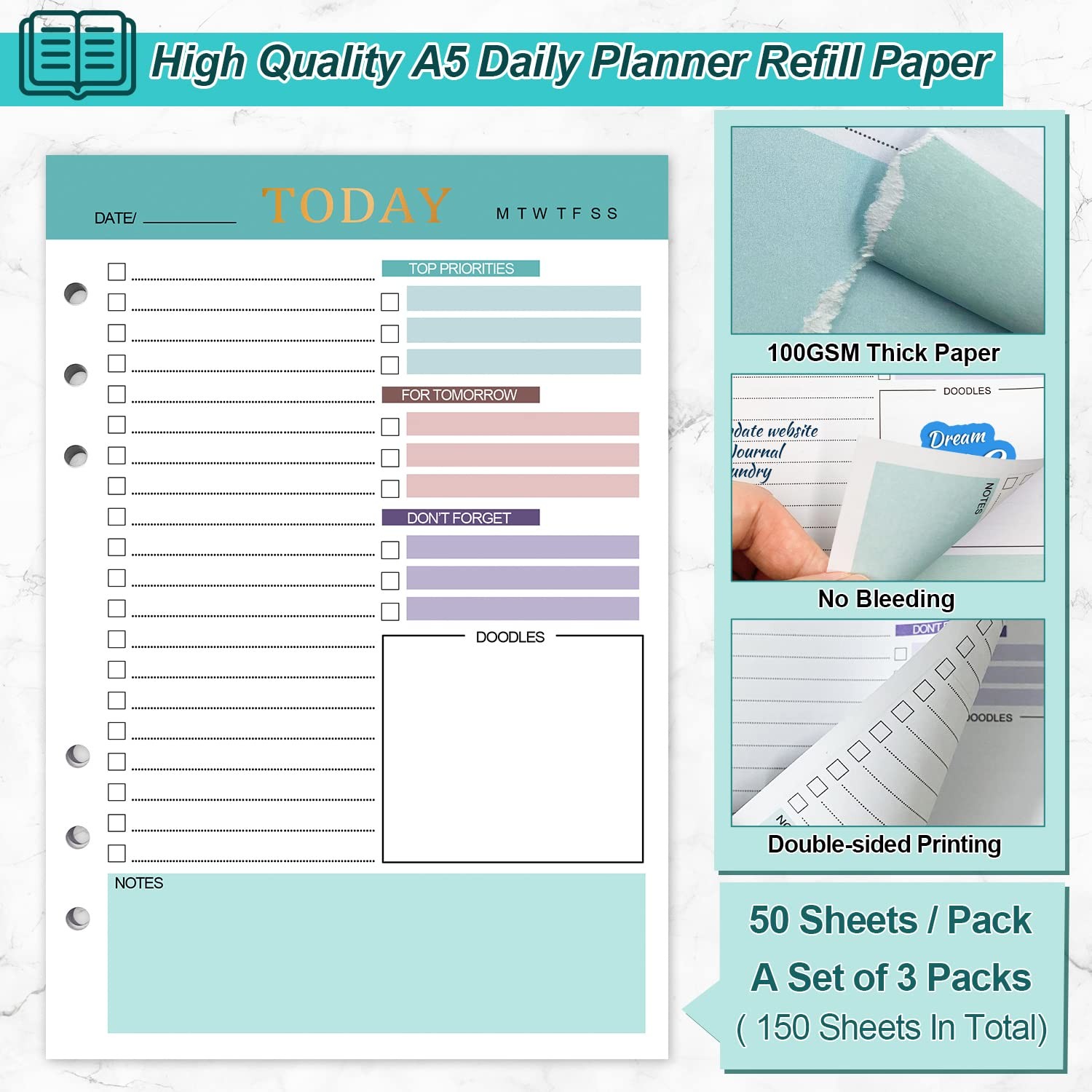 A5 Refill Paper Planner Inserts, 3 Pack 6 Holes Loose Leaf A5, Green