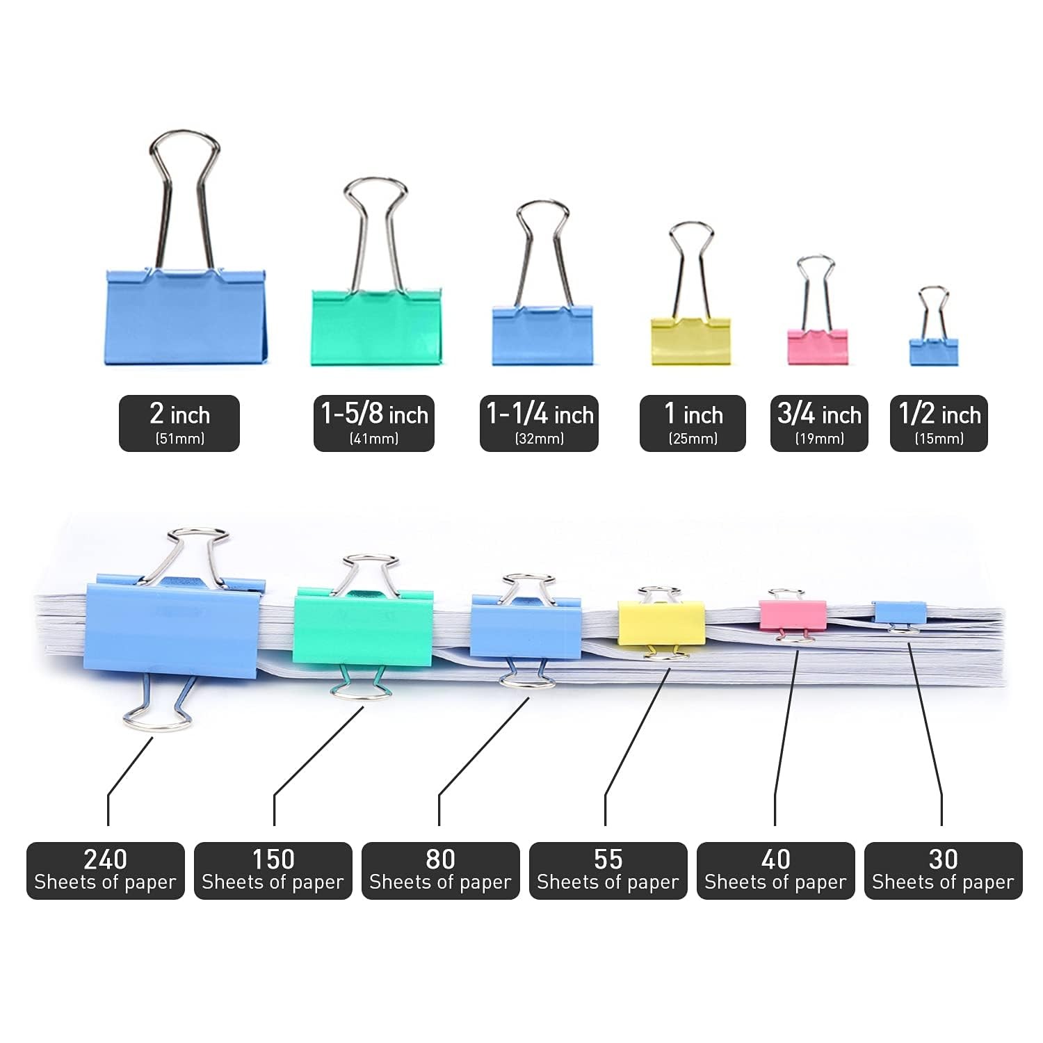 80 Pack 3/4 Inch Standard 19mm Multicolor Metal Binder Clips