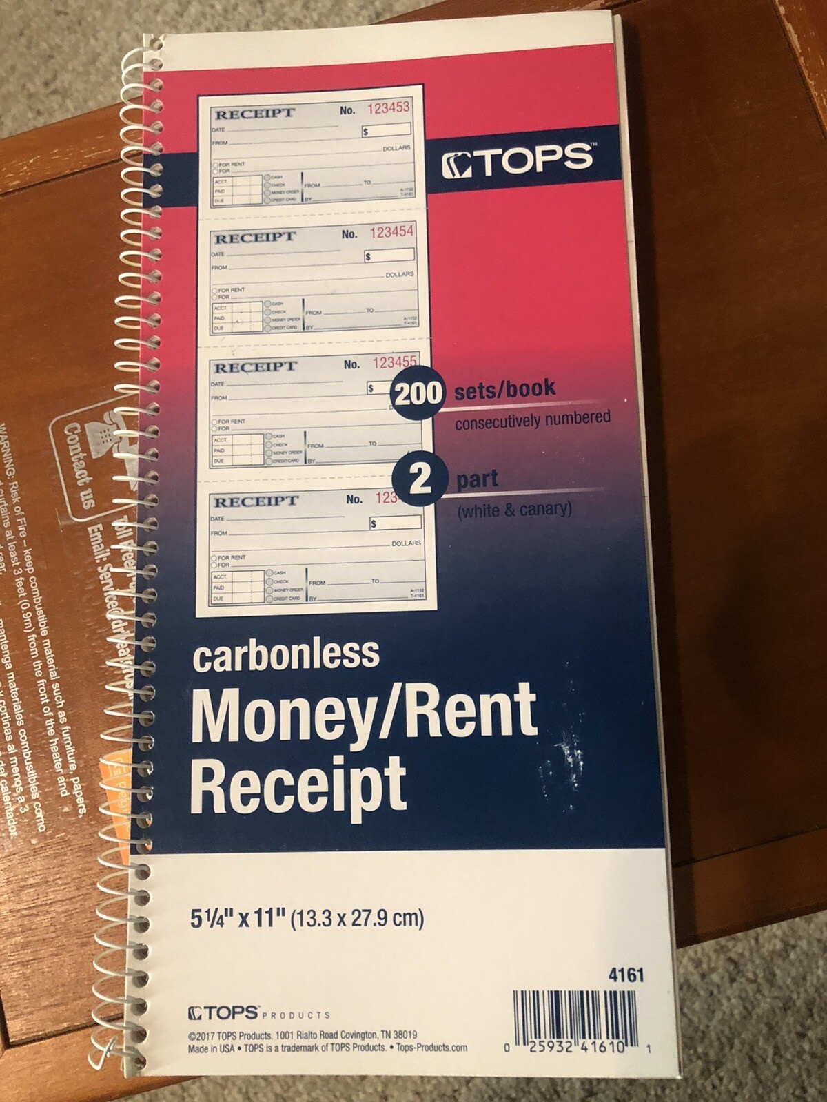 Tops Money Rent Receipt Book, 2 Part Carbonless, 7 5/8″ x 11″ Spiral 200 Sets