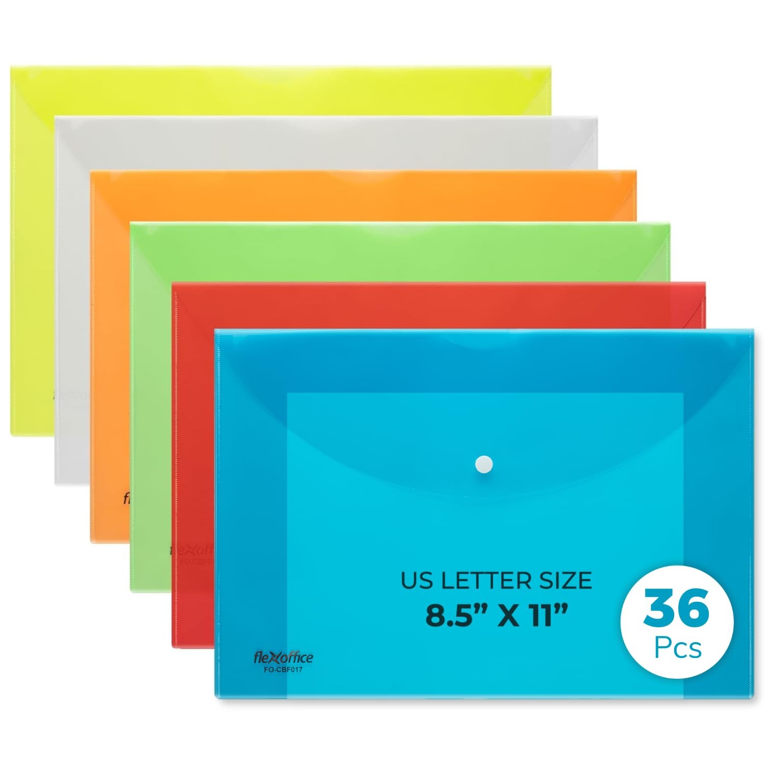 FLEXOFFICE 36 Pack Plastic Envelopes with Snap Closure, 36, 6 Assorted Colors