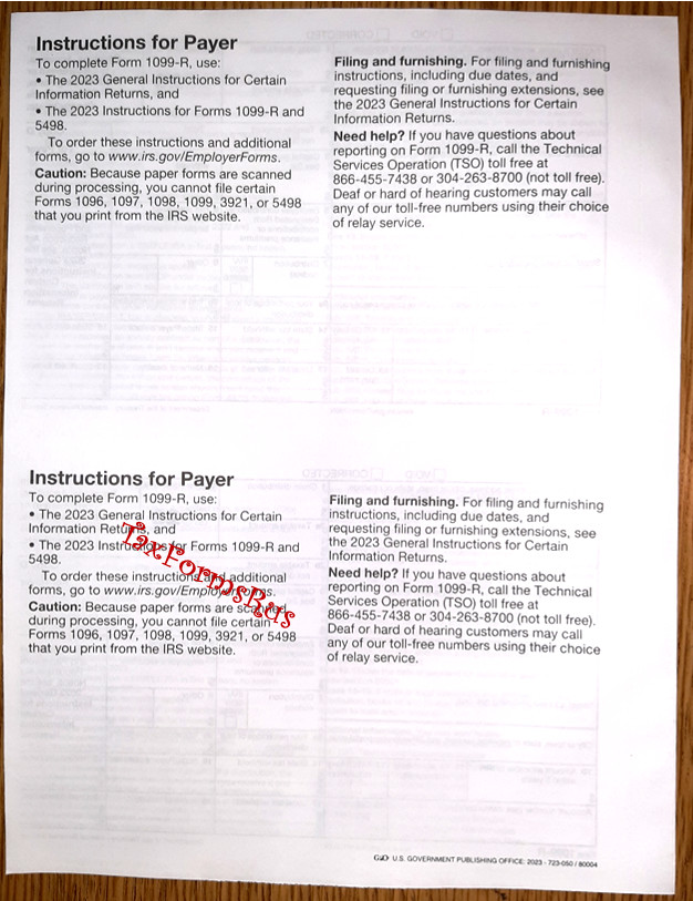 2023 IRS Tax Form 1099-R — NonCarbonless for 10 recipients + (2) 1096 — NO Env