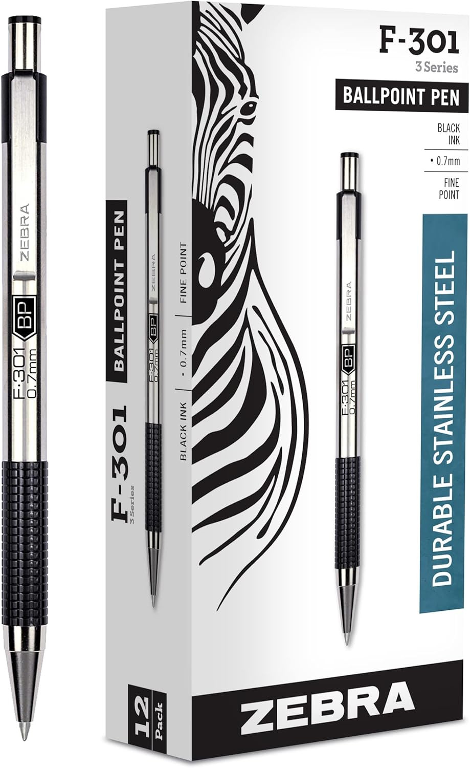 F-301 Ballpoint Black Ink Fine Point 0.7Mm Pen, Easy-Glide Ink, Stainless Steel