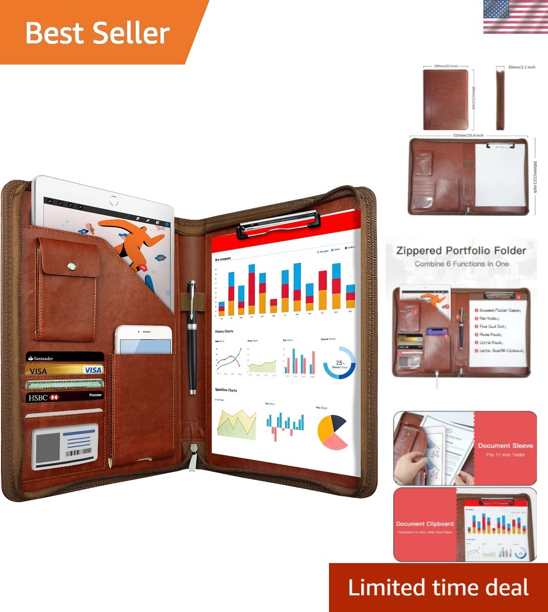 Zippered Padfolio Organizer, Leather Planner Binder, 10.2 Inch Portfolio Fold…