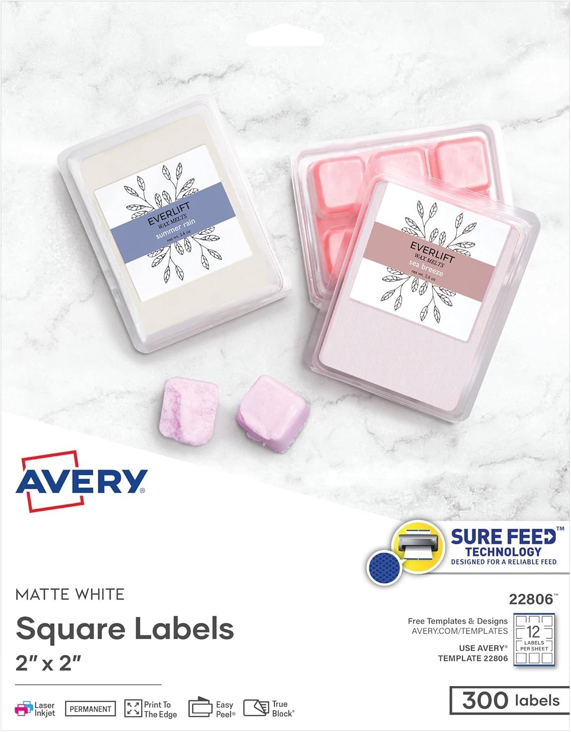 AVERY 22806 2″ x 2″ PRINT-TO-THE-EDGE White SQUARE Labels, 1500 labels New 5 PK