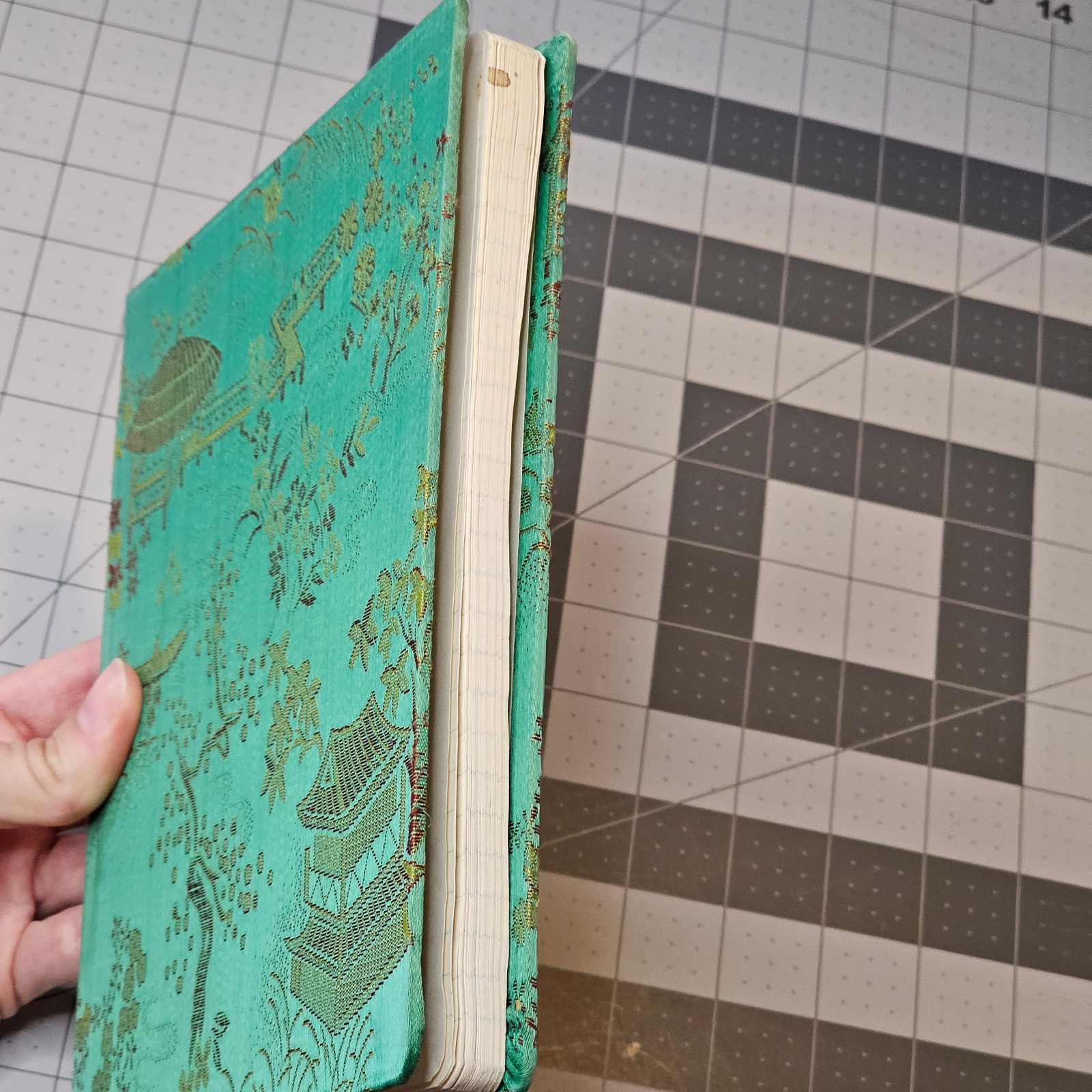 Vintage Chinese Brocade Fabric Cover Lined Notebook Journal 8″ x 6.5″ Green Gold