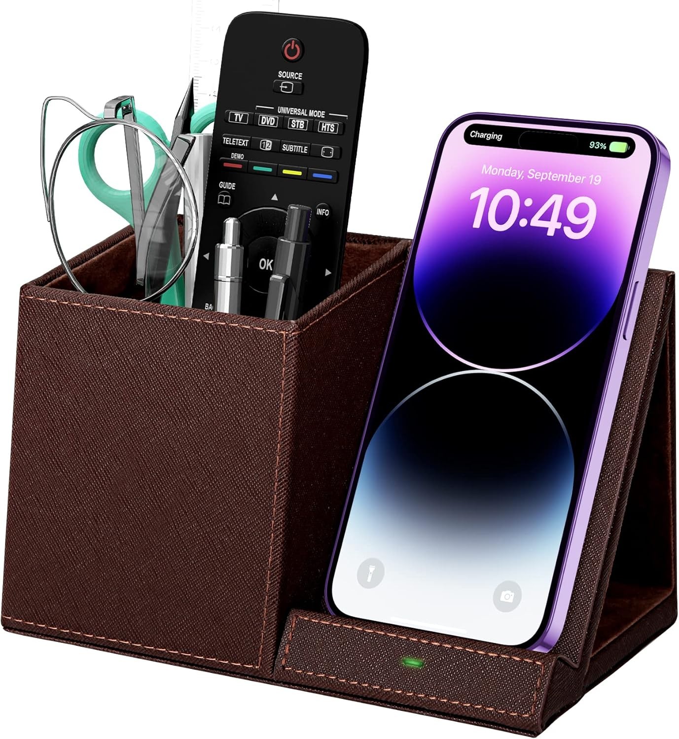 Brown Leather Desk Caddy Organizer With Built-In Wireless Phone Charger