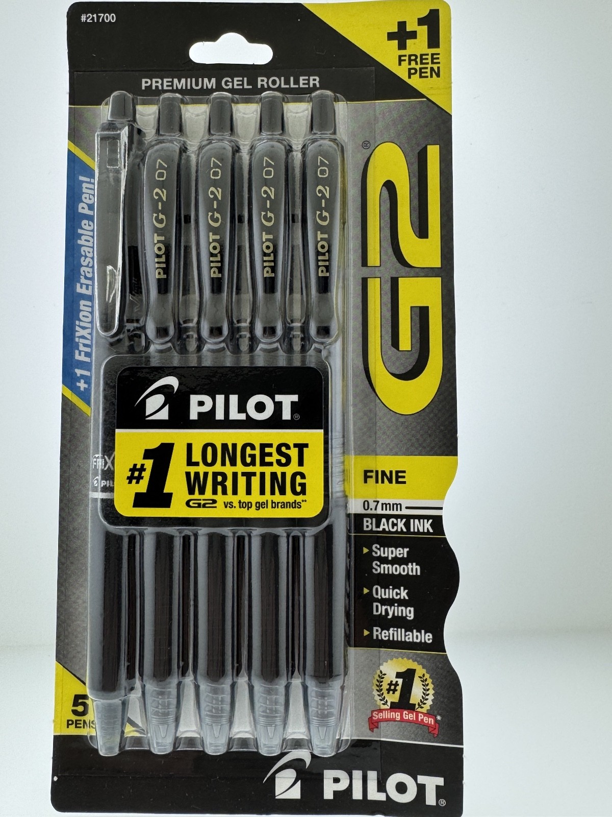 5 pk Pilot G-2 Retractable Gel ROLLER Pens Fine Point 0.7 BLACK 21700