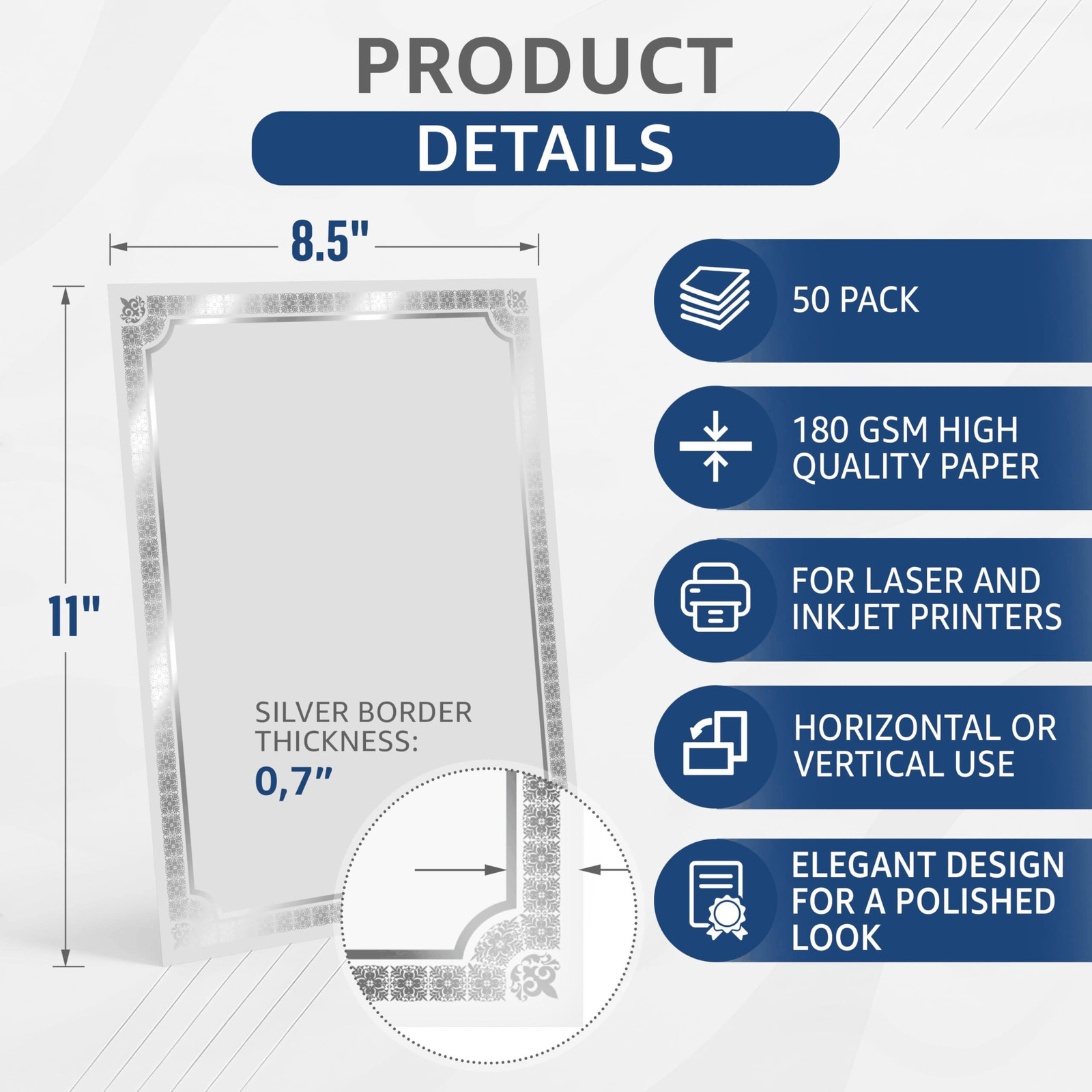 50 Certificate Paper 8.5 x 11 inch for Printing Blank Certificate Papers Silver