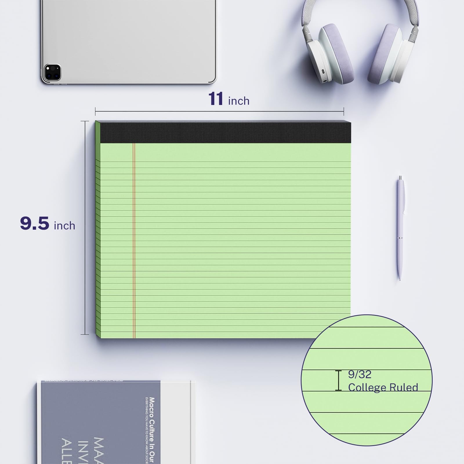3 Pack Wide Legal Pads 11″ x 9.5″ (Landscape Format) College Ruled Note Green