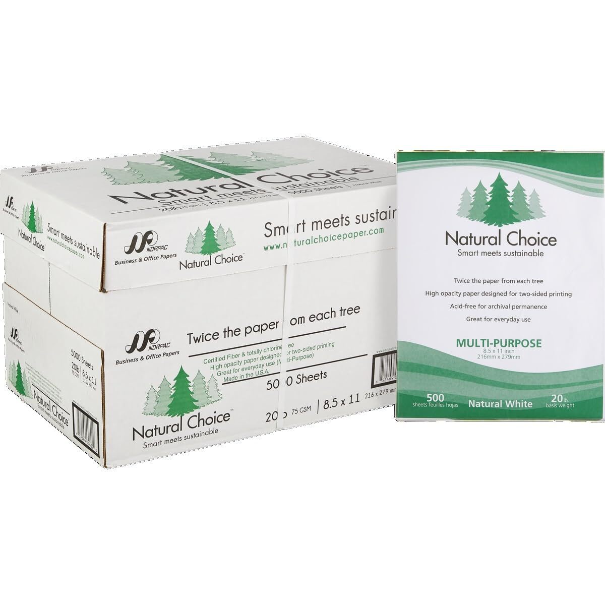 Natural Choice Multi-Purpose Copy Paper, 20 lb, Letter, White, 5000 Sheets