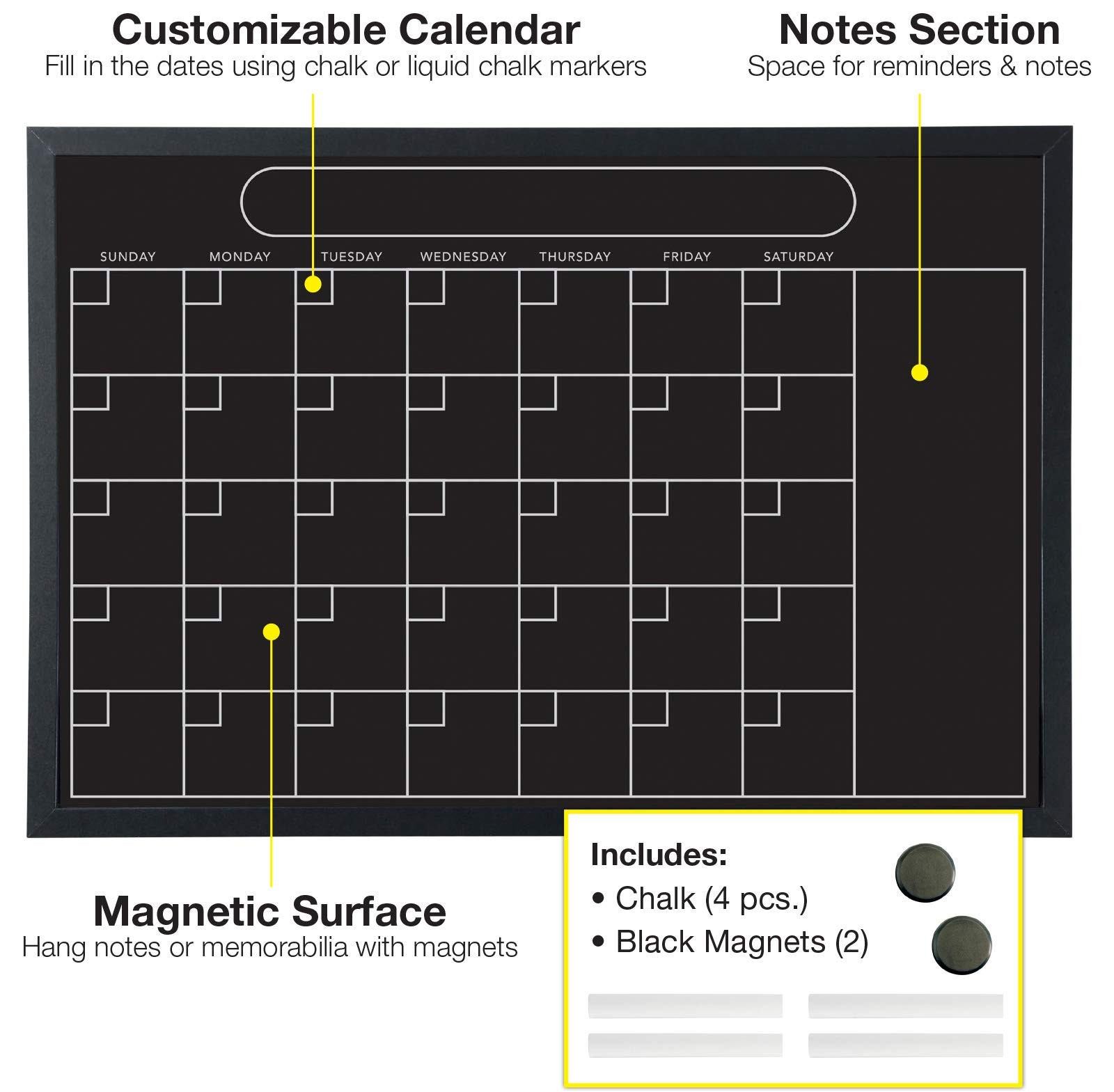 Excello Global Products Magnetic Calendar Chalkboard Large 20X30 Black Board