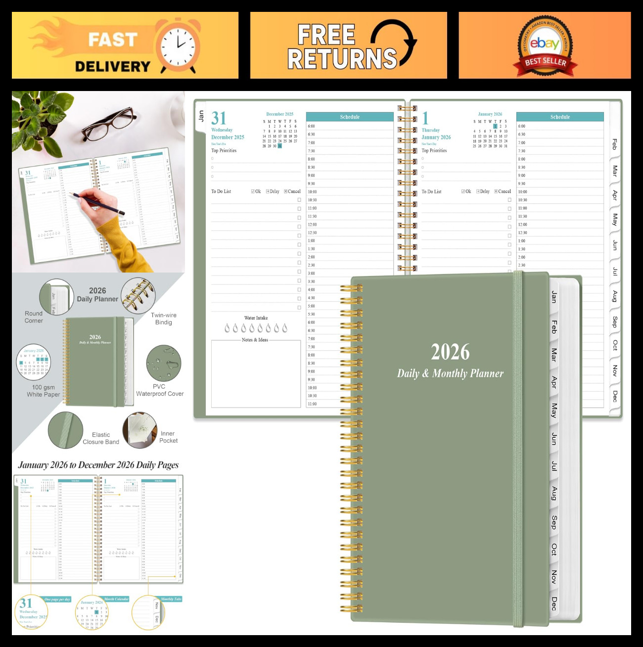2026 Daily & Monthly Planner – One Page Per Day, 12 Monthly Tabs, 8.5″x11″, Gree