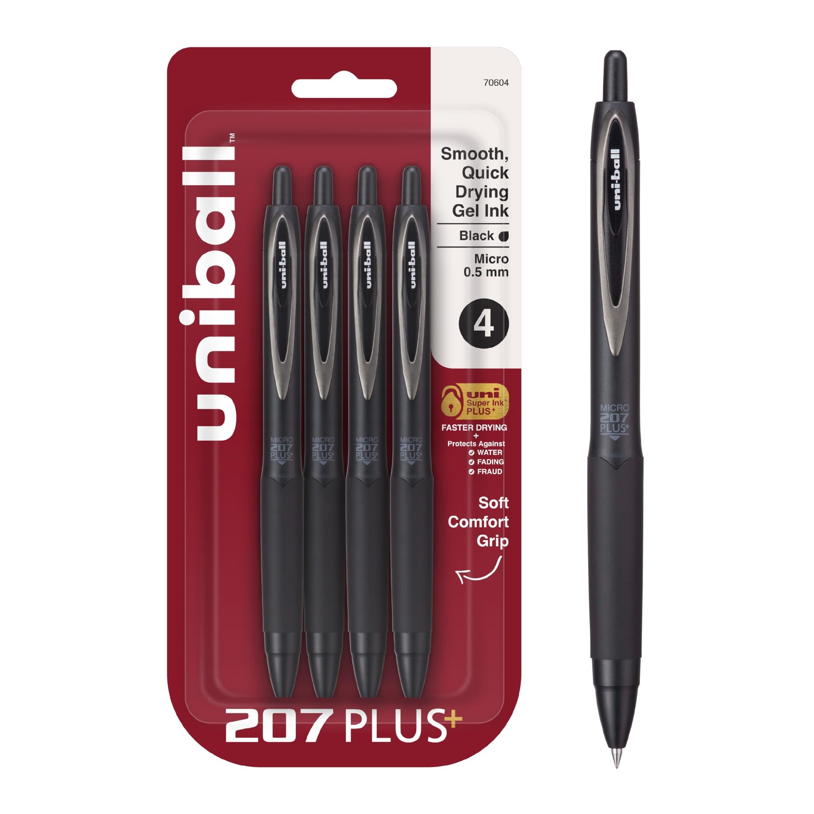 Uni-Ball 207+ Black Retractable Gel Pens 4 Pack 1 Count (Pack of 4),