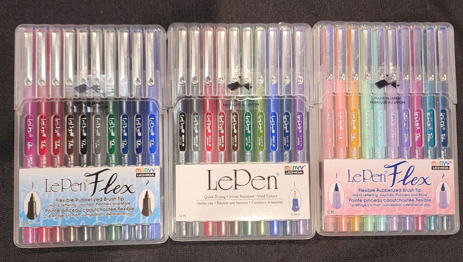 Marvy Uchida Le Flex 10 Piece each pk Set 3 packs Writing Pen, diff colors