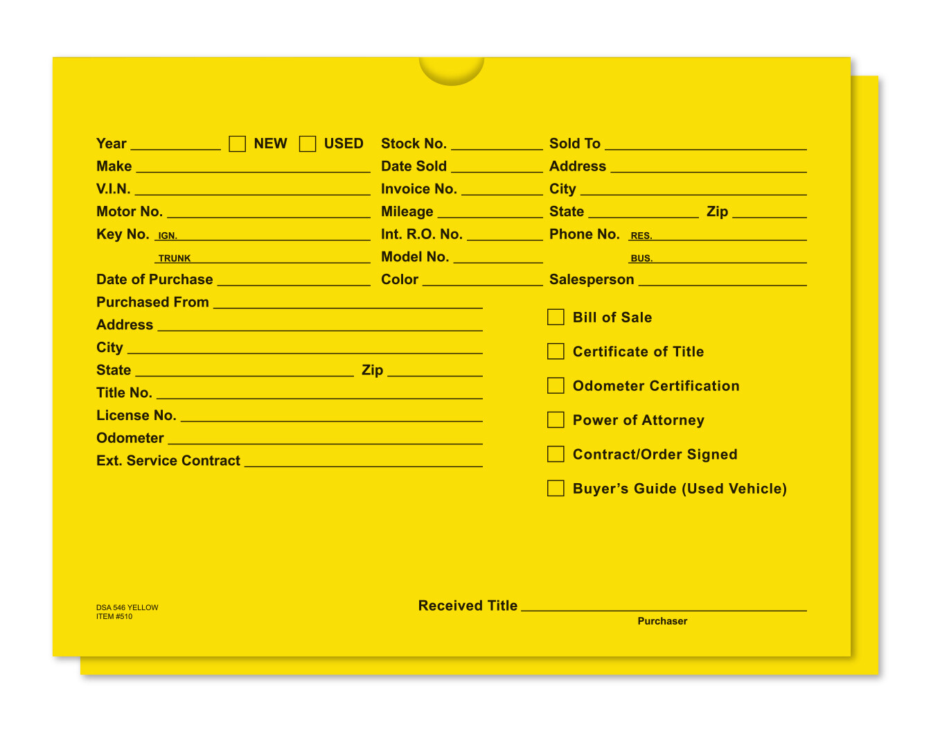 Deal jacket – Yellow – Auto Car Dealer Record Envelope – Qty 100 – #5110-100