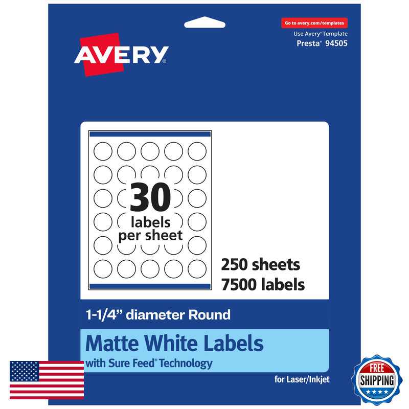 Avery Matte White Round Labels Sure Feed Technology 1.25 Diameter 7500 Matte