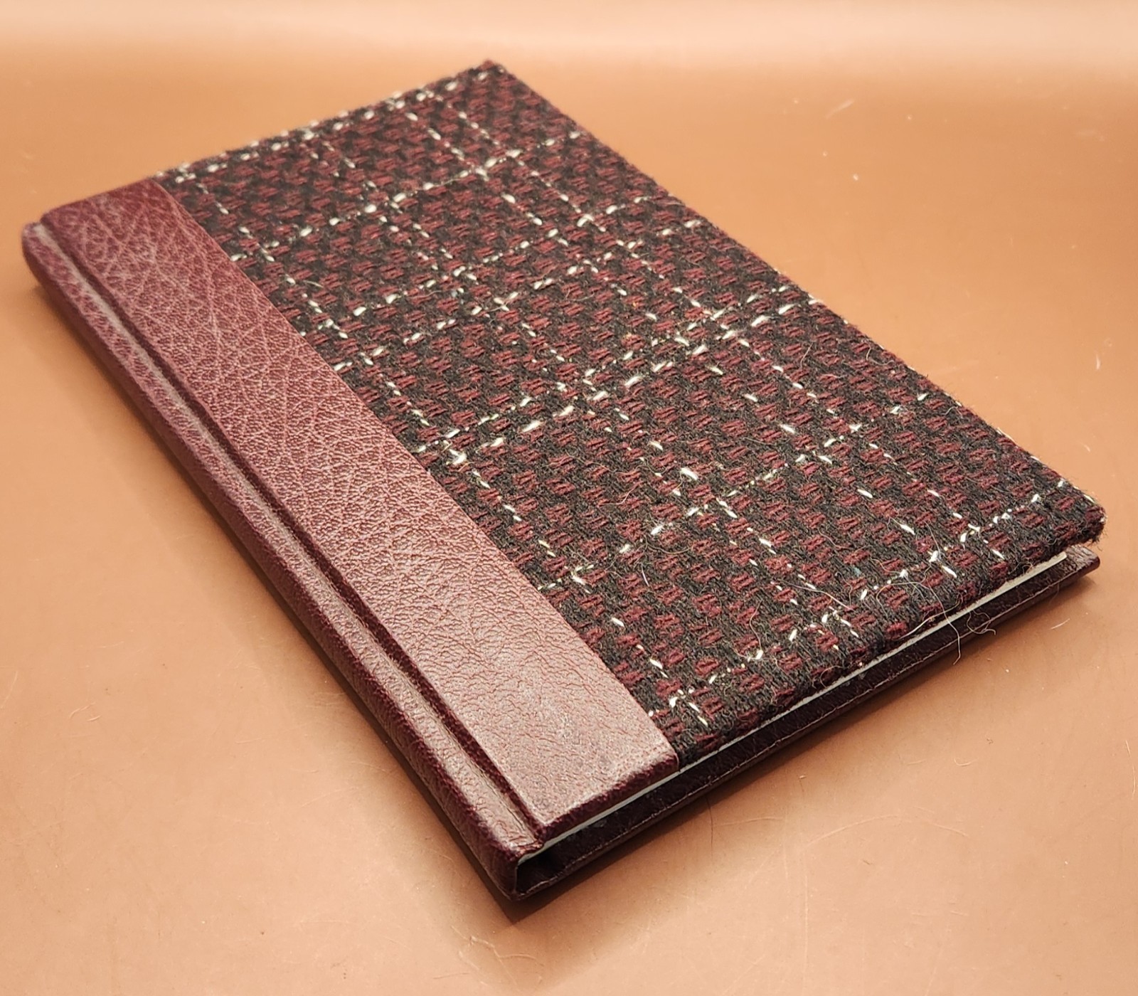 Vintage 1989 QuillMark Journal 8.5×5.5 Tweed Fabric Burgundy Leather NEW Unused