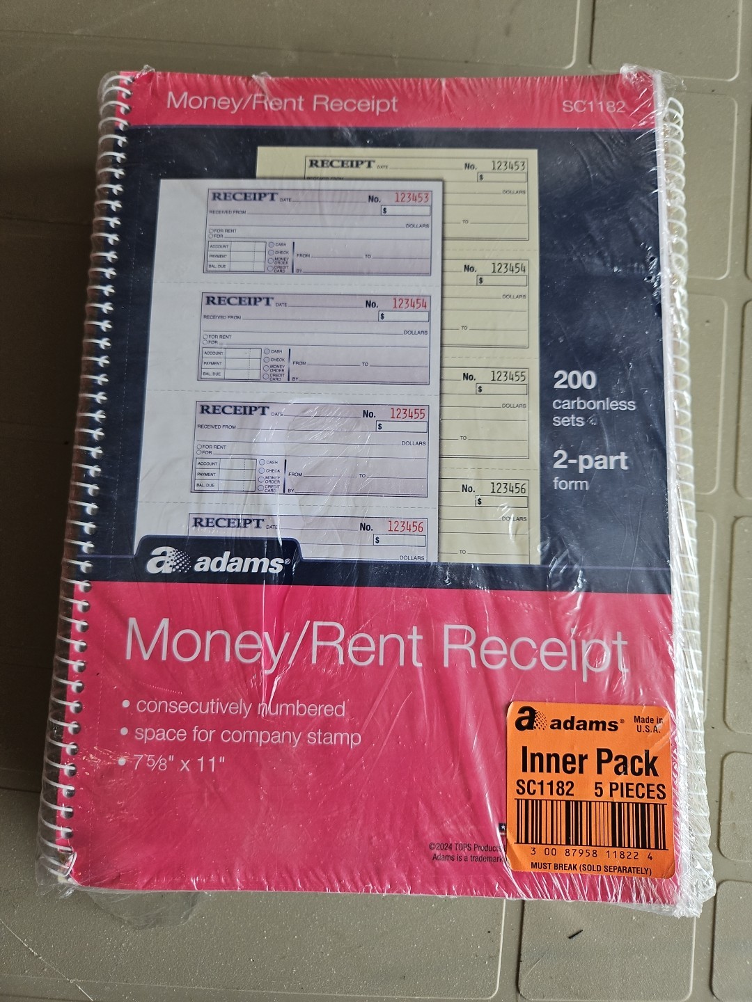 LOT OF 5-SC1182 ADAMS -2 PART CARBONLESS -MONEY RENT RECEIPTS-TOTAL OF 1000