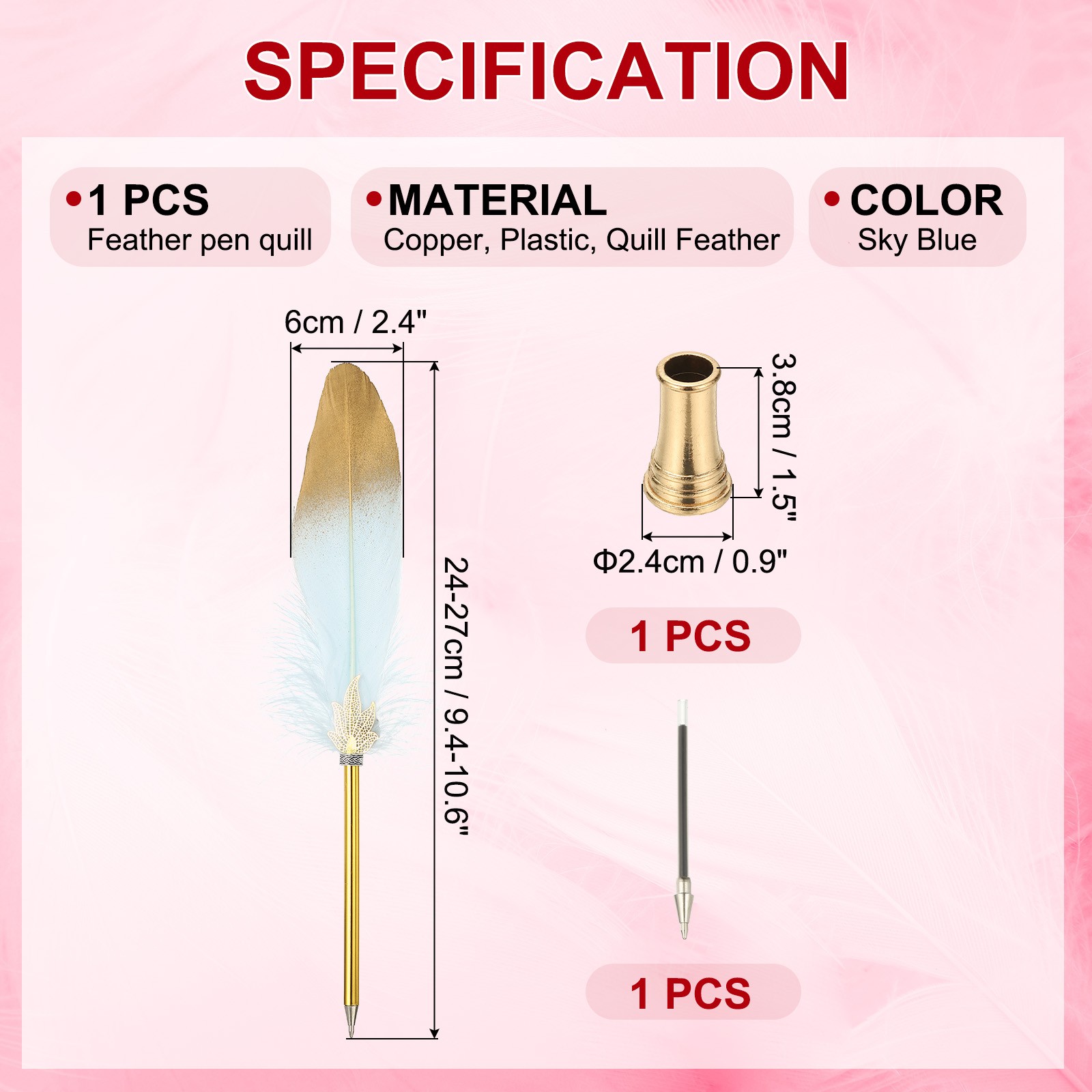 Feather Pen Quill, Feather Ballpoint Pen with Golden Pen Holder, Sky Blue