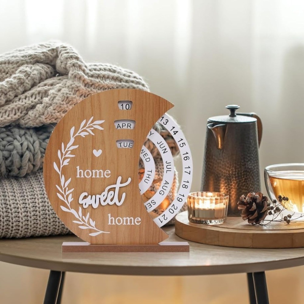 Wooden Perpetual Desk Calendar Vintage Rotating Block Calendar Home Office Decor