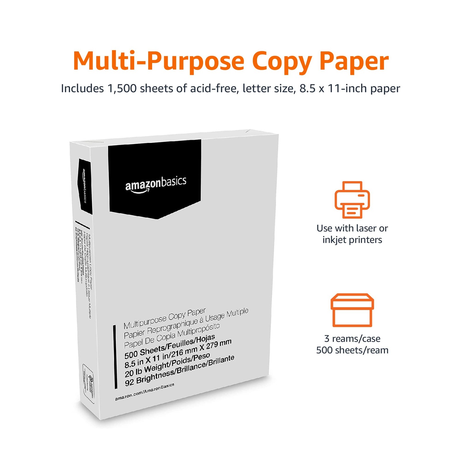 Amazon Basics Multipurpose Copy Printer Paper, 3 Reams | 1500 Sheets, White