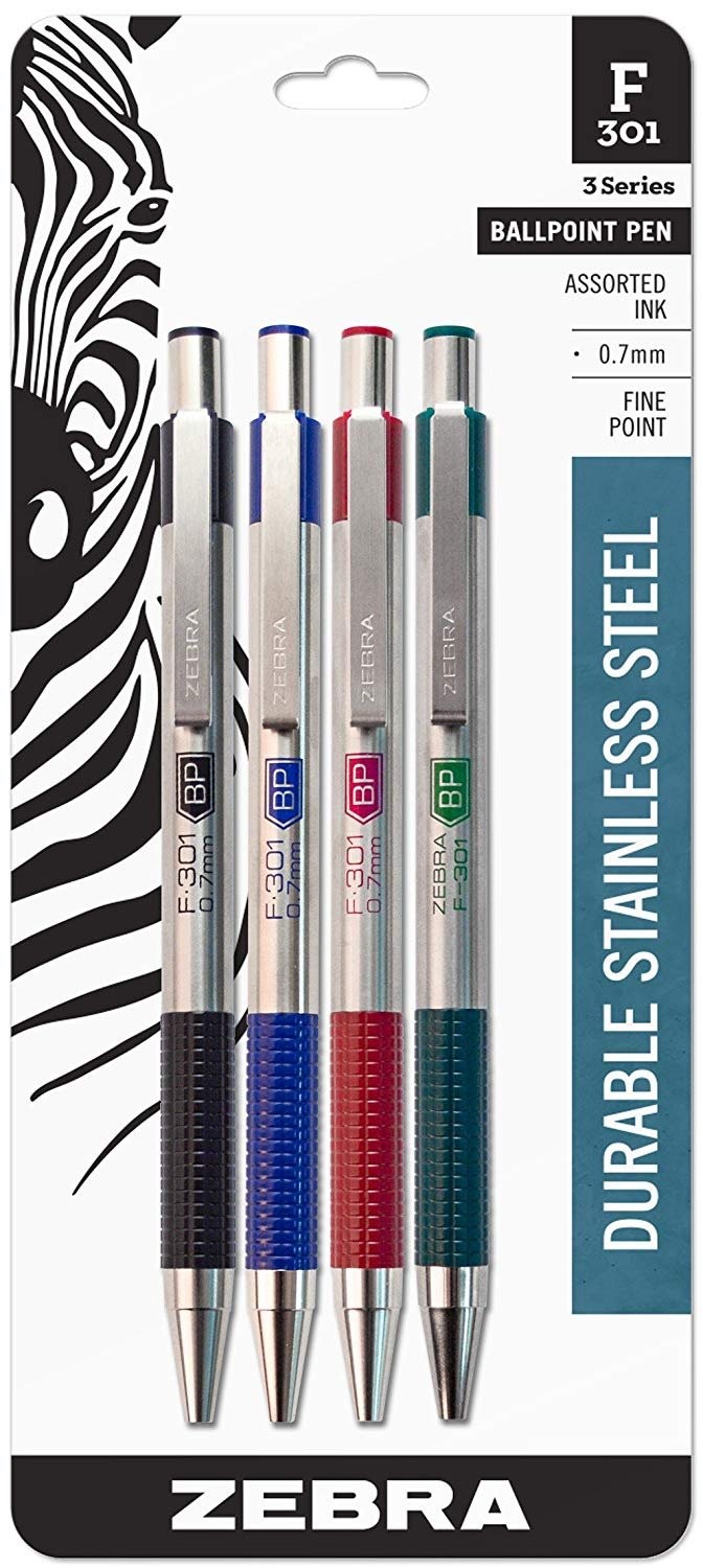 Zebra Pen. F-301 Ballpoint Stainless 1 Count (Pack of 4), Black,Blue,,Red