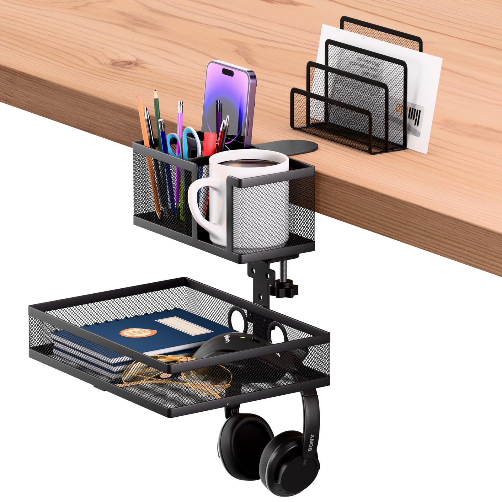 6-in-1 Clamp On Desk Organizer with Cup Holder & 360Â° Rotating Under Desk Dra