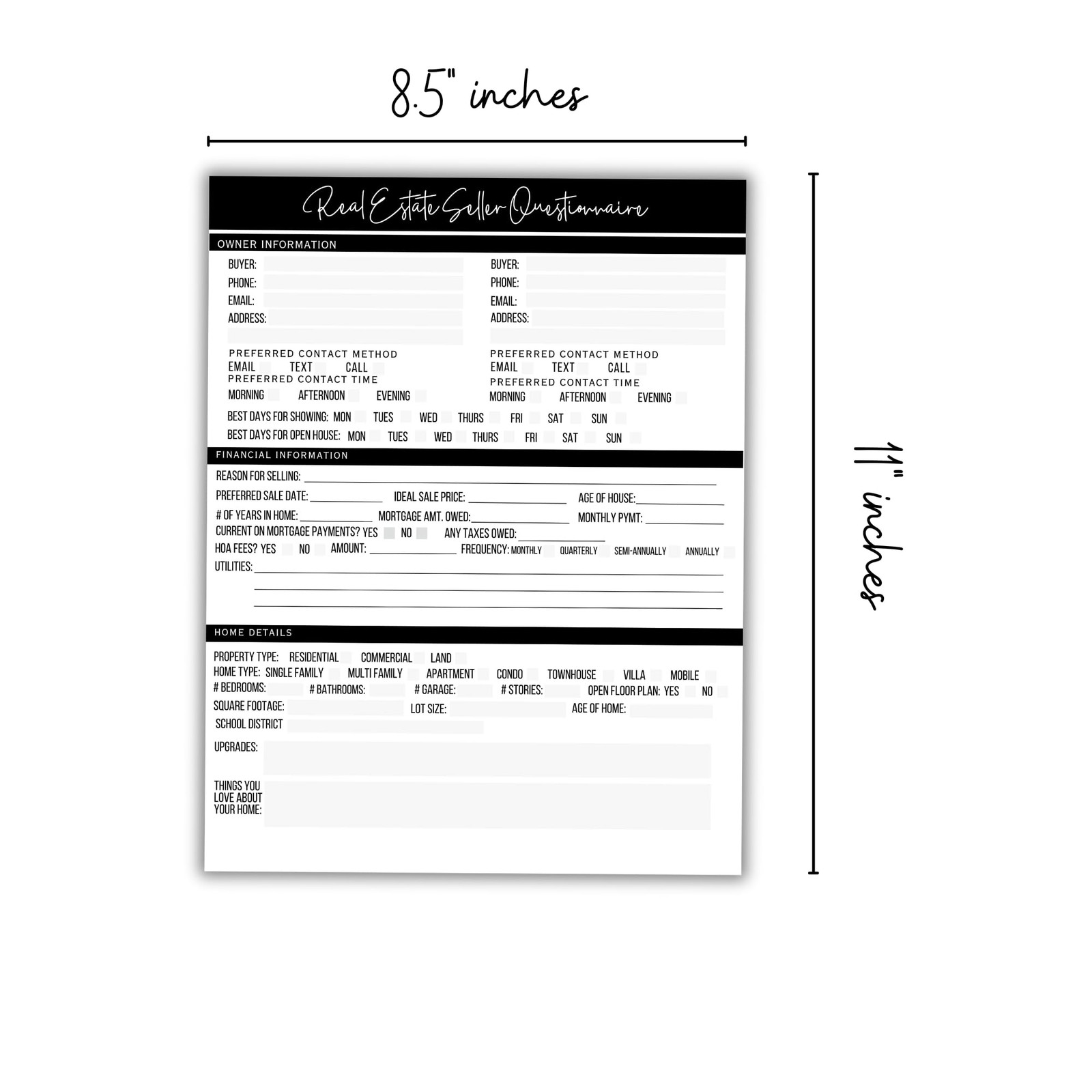 50 PCS Real Estate Buyer Seller Questionnaire Agent Form 8.5×11 Inch Mailer