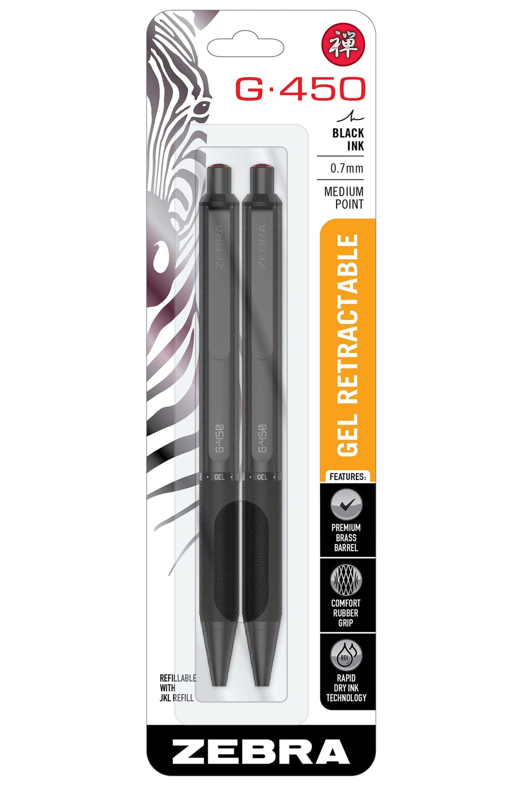 Zebra Pen G-450 Retractable Gel Pen, Black Brass Barrel, Medium Point, Black