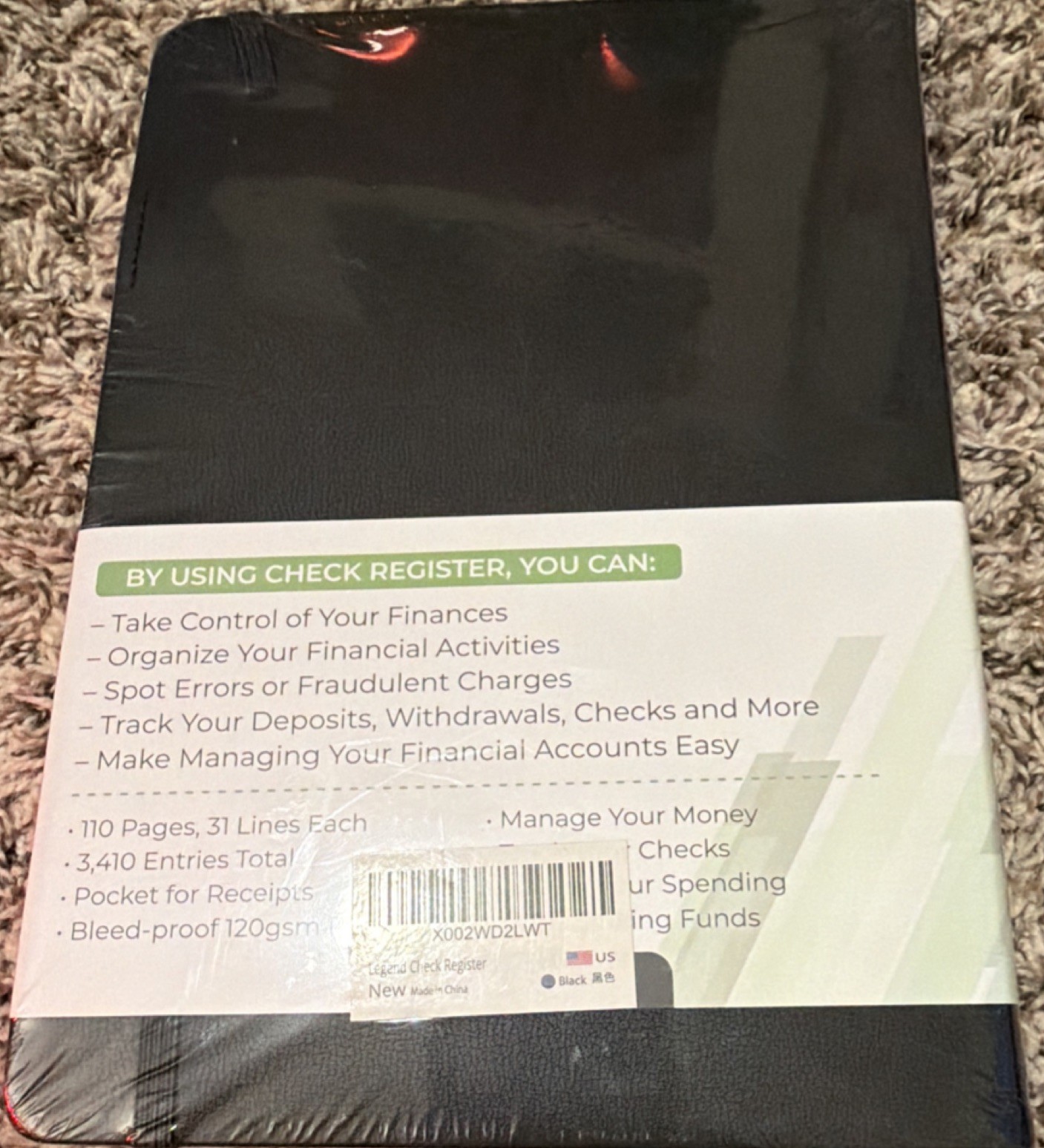 Legend Planner Black #8 Checkbook Register, 110 Pages, Bleed-Proof Paper