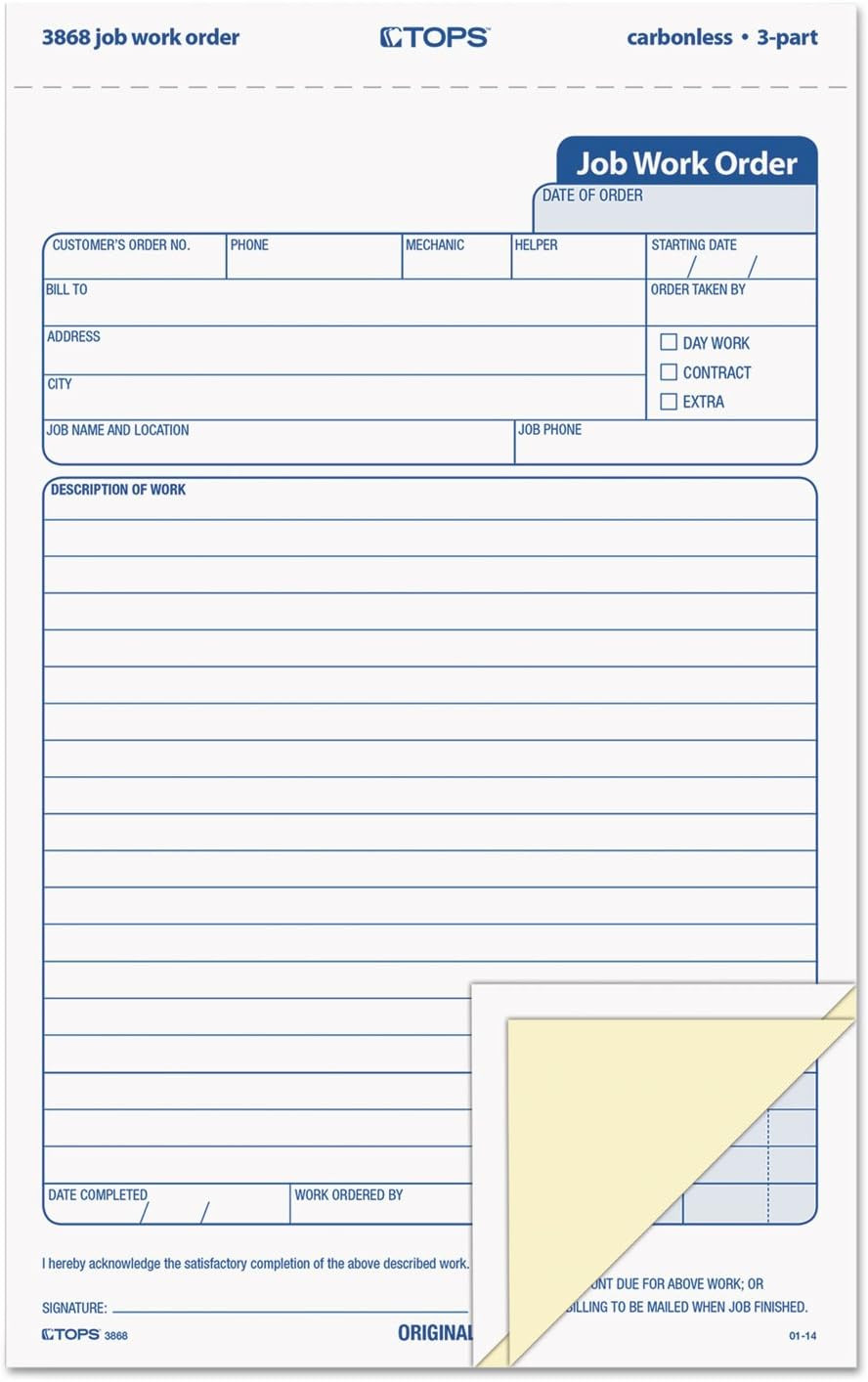 3868 Snap-Off Job Work Order Form, 5 2/3″ X 8 5/8″, Three-Part Carbonless (Pack