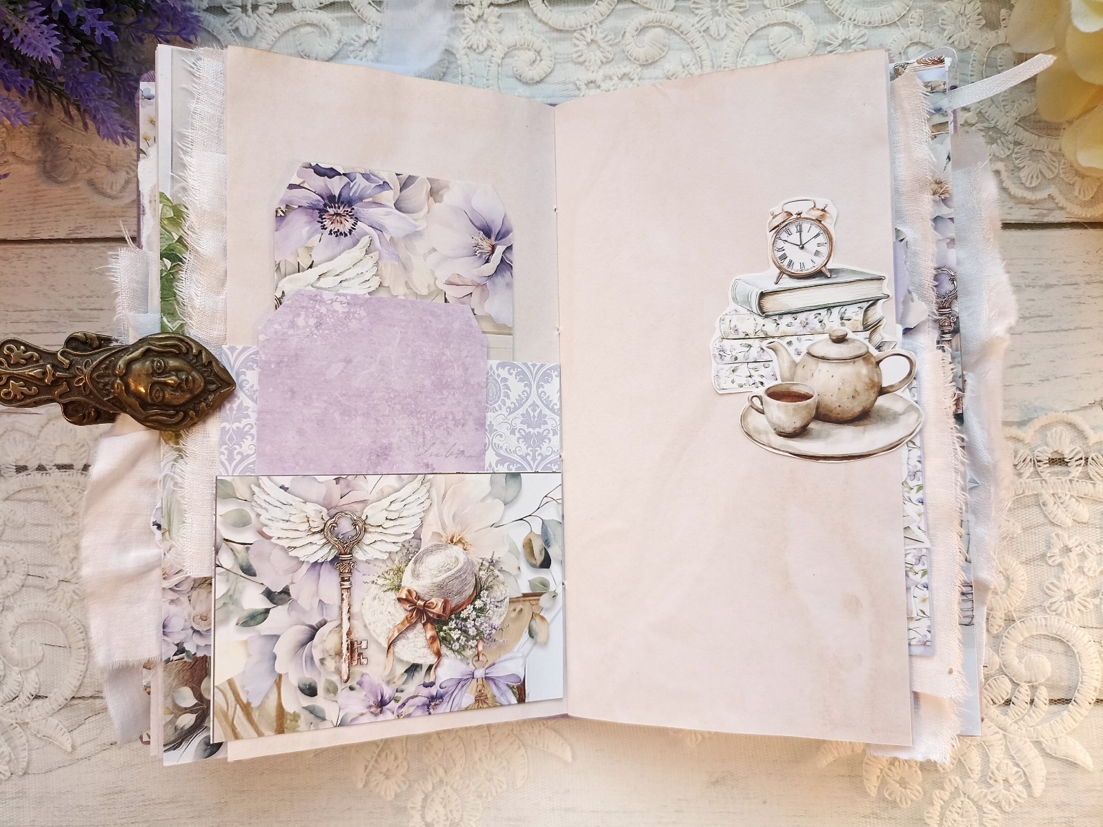 Junk Journal Handmade Lace Purple Lavender Notebook Decorated USA 8×4 in