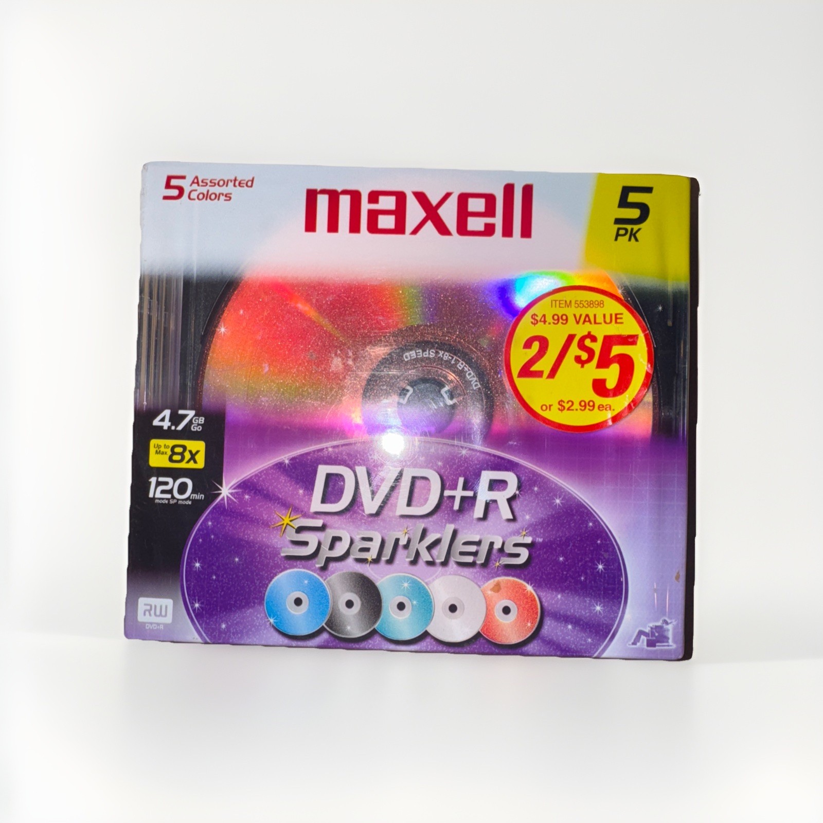 Maxell Sparklers DVD-R Blank Media 5 Pack Computer Assorted Multi Colored 4.7 GB