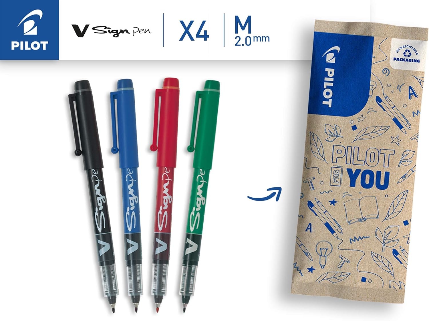 2.0 mm V-Sign Pen Liquid Ink Tip Black/Blue/Red/Green Pack of 4)