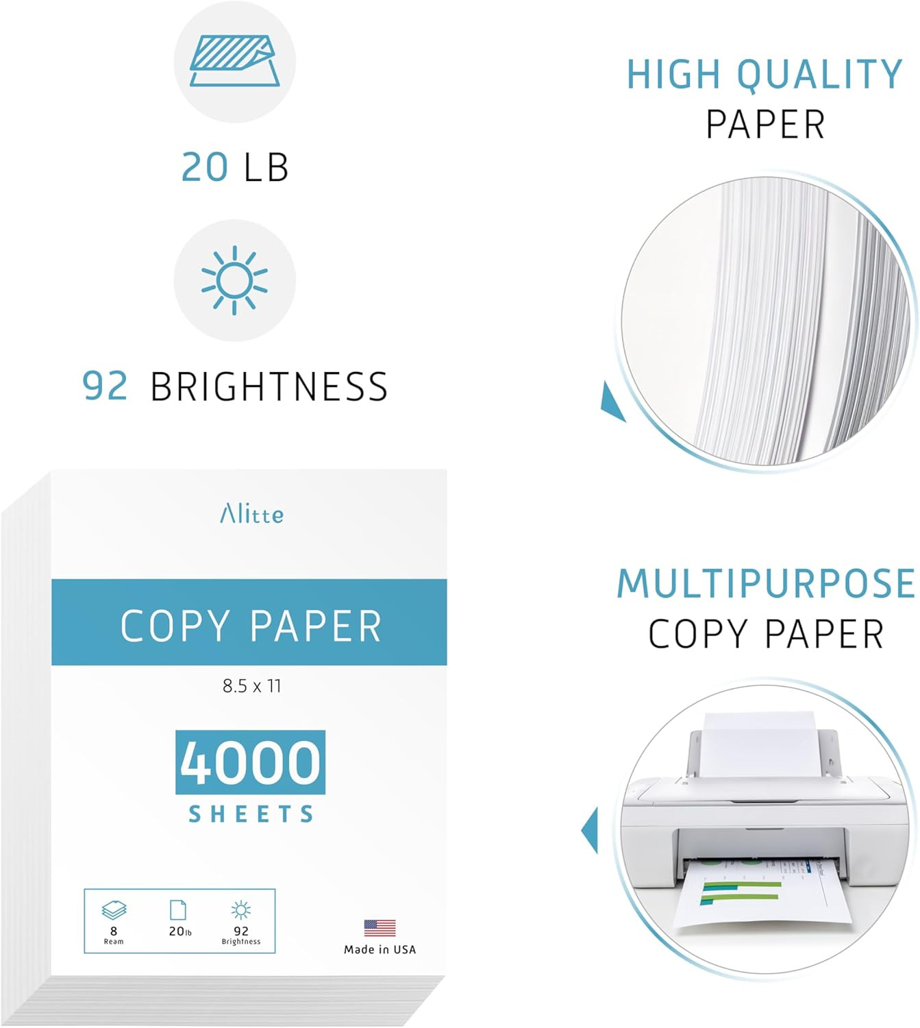 Printer Paper – 8.5 X 11 White Letter Size Copy Paper, 8 Reams 500 Sheets 20 Lb