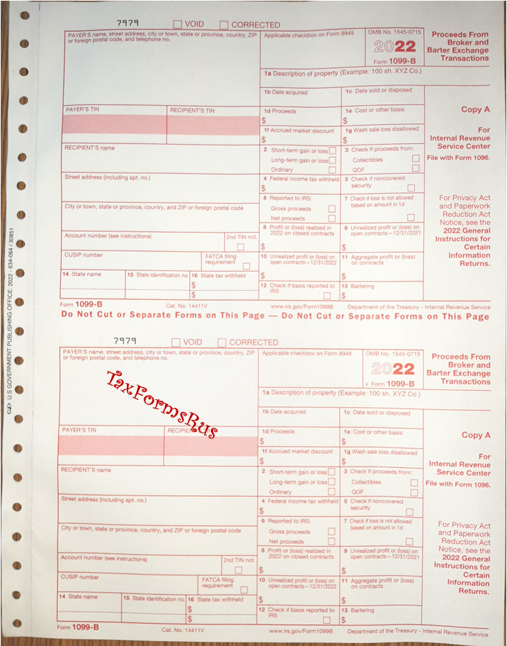 2022 IRS Tax Form 1099-B single sheet set for 2 recipients carbonless 5-part 2up