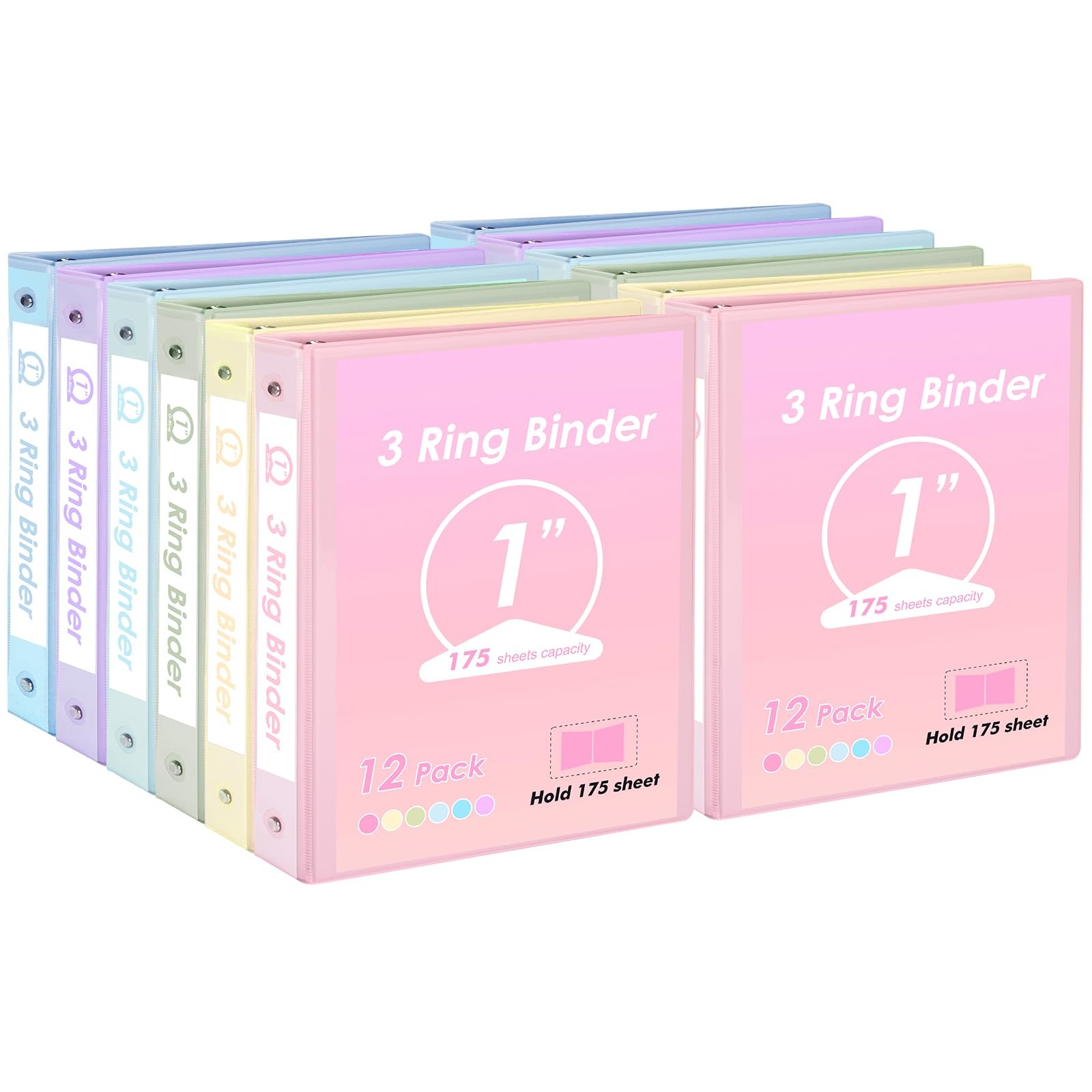 EOOUT 1 inch 3-Ring Binder 12 Pack Assorted Pastel Color with 2 1in, Macaroon