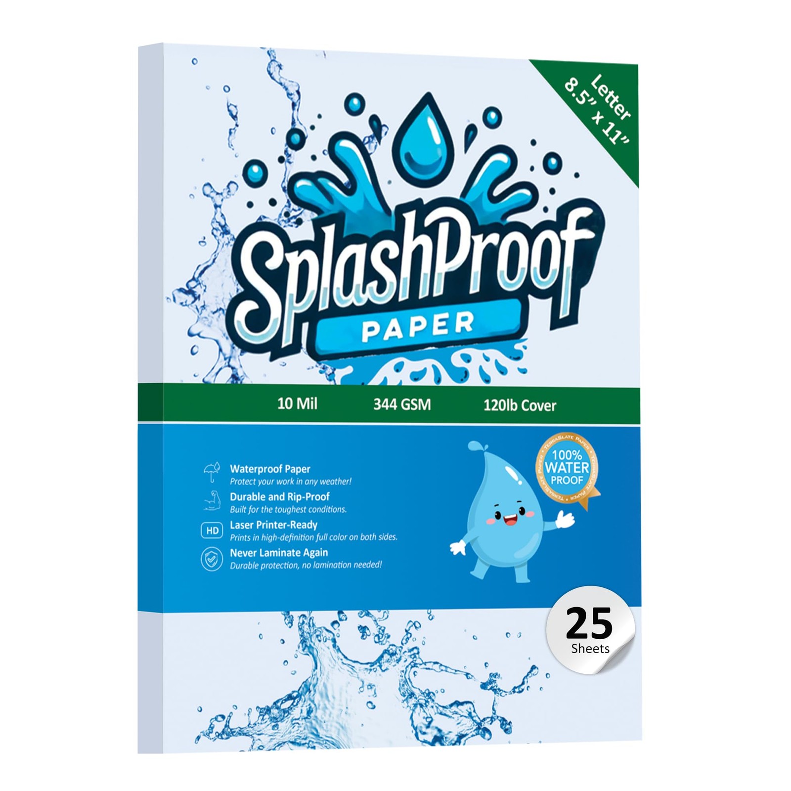 SplashProof Printer Paper – 8.5″ x 11″, 10 Mil Waterproof Paper, Laser White